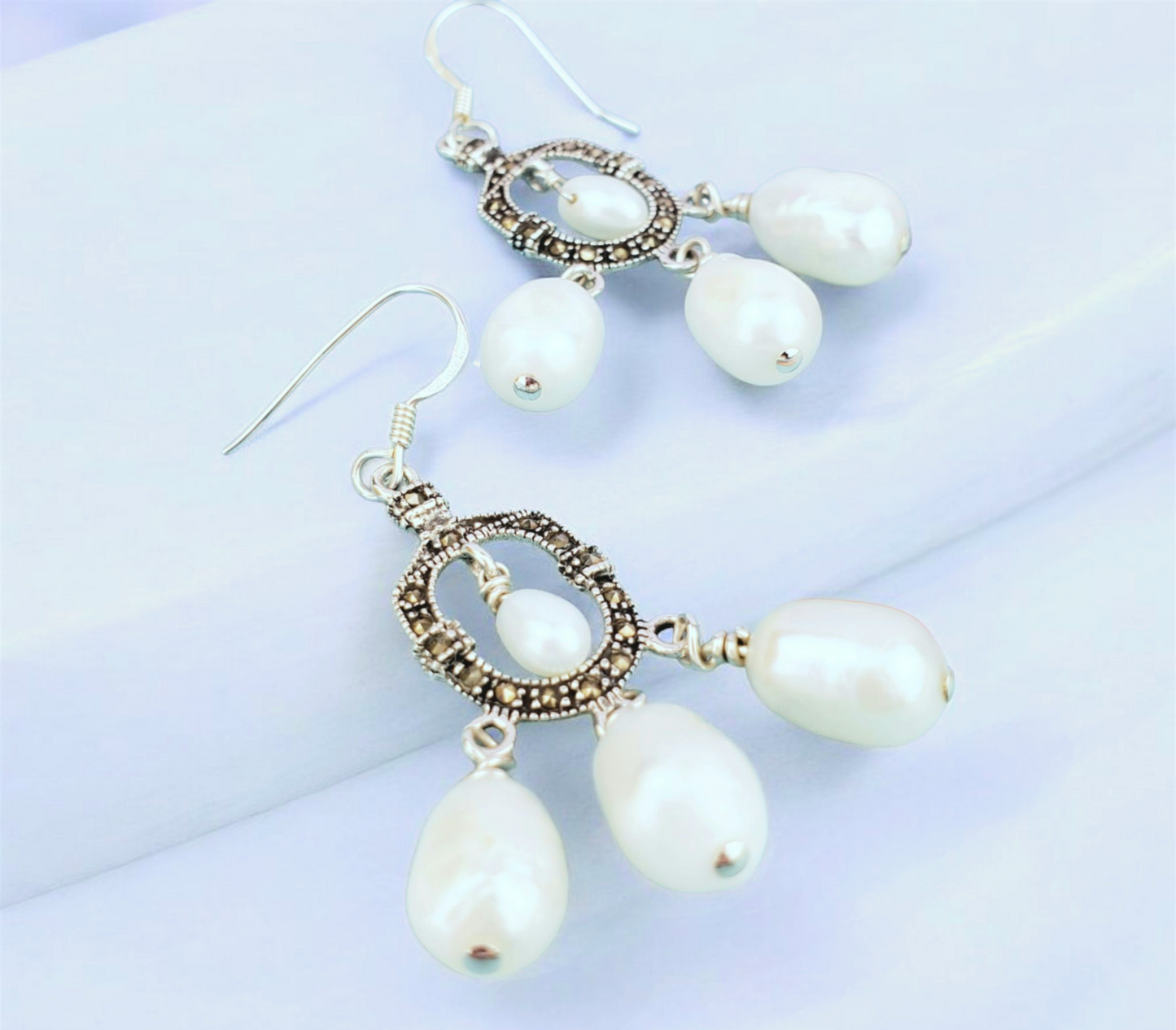 Sterling Silver Pearl Earrings – Handmade Marcasite Dangles with White Freshwater Pearls, 2” Long