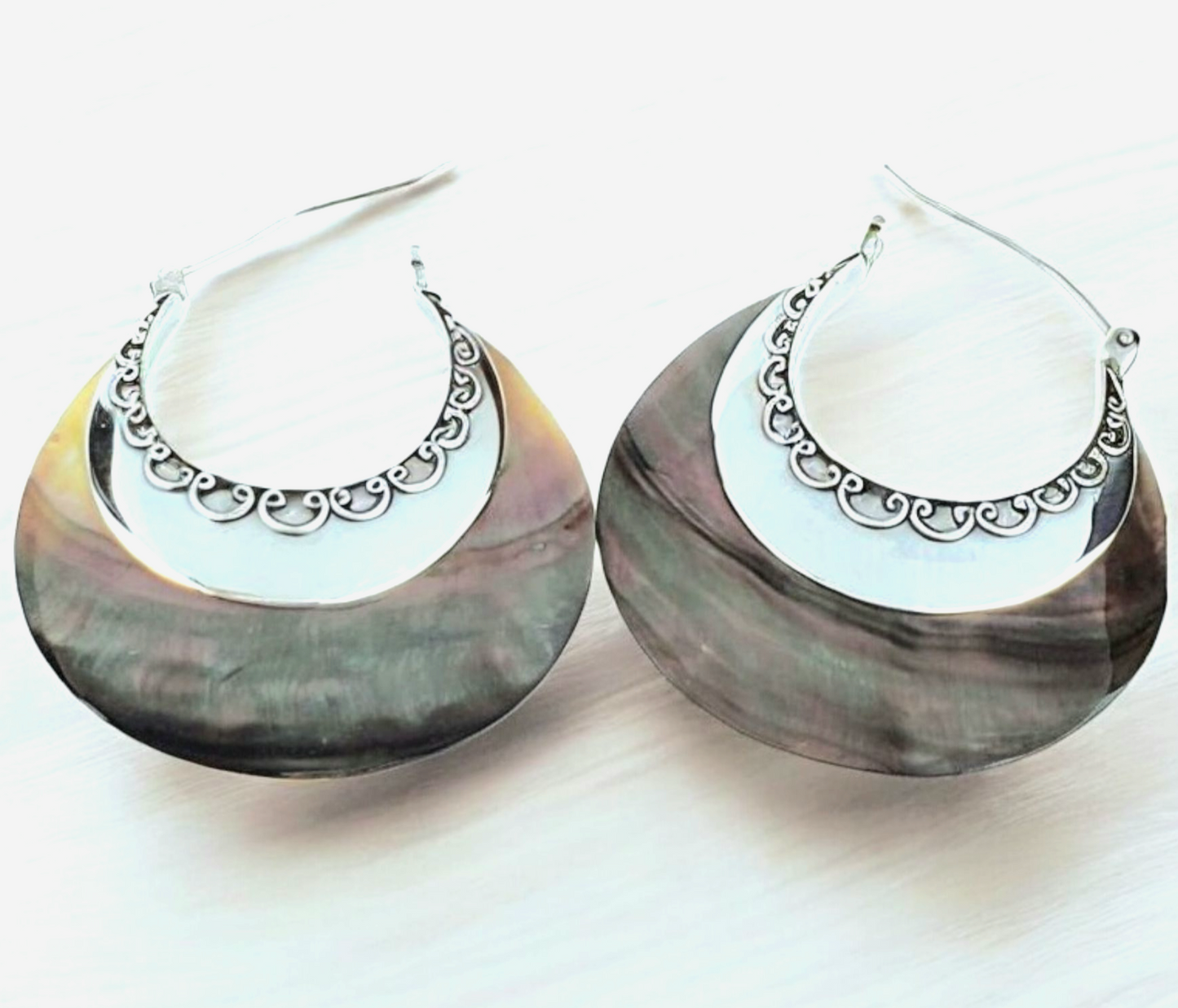 Sterling Silver Mother of Pearl Earrings – Handmade Shell Dangles, 2” Long x 1.5” Wide
