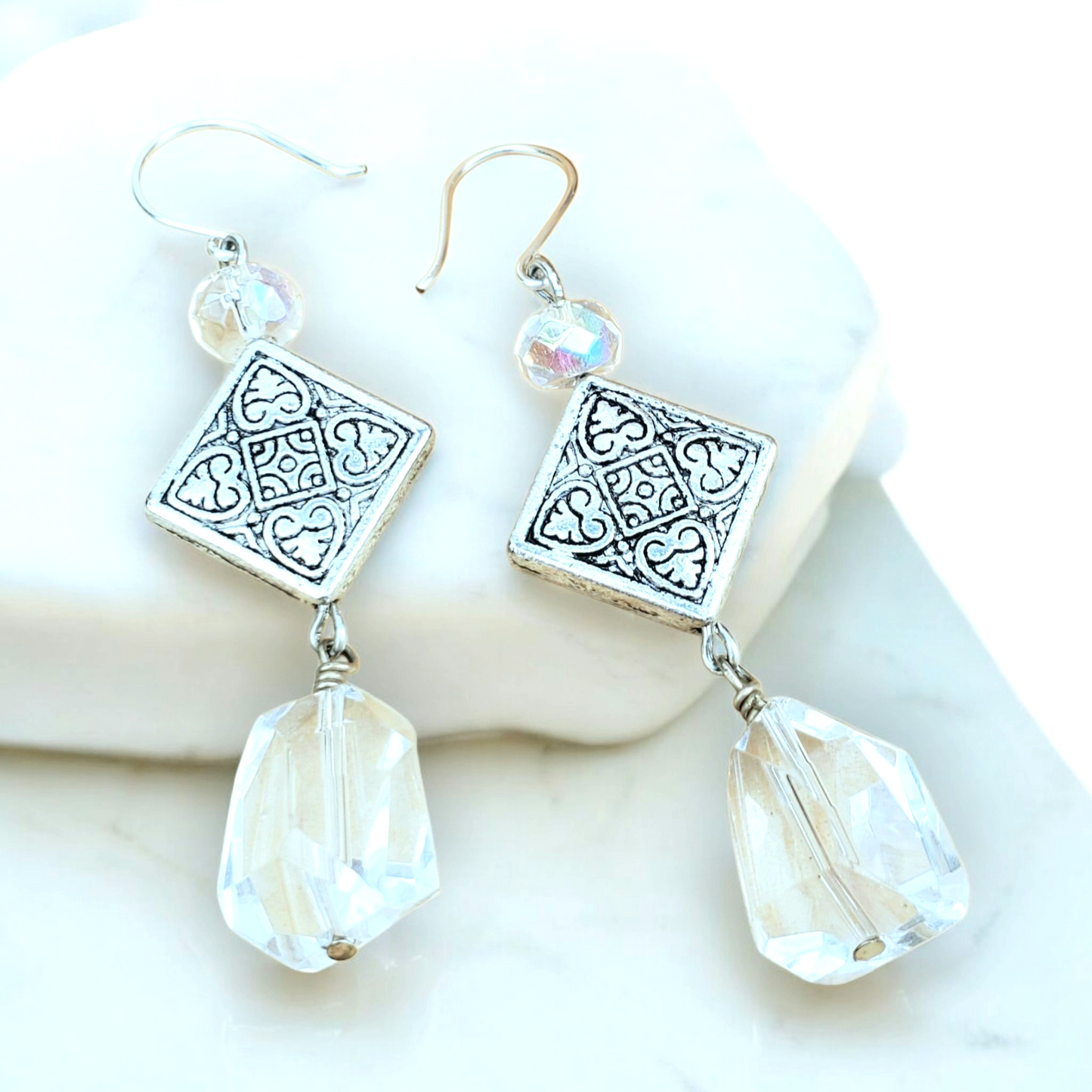 Boho Clear Glass Earrings – Handmade Silver Dangles with Glass Nuggets & Diamond Beads, 2.75” Long