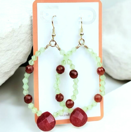 Boho Ruby & Aventurine Hoop Earrings – Handmade Gold Dangles with Teardrop Stones & Semi-Precious Gems, 3” Long