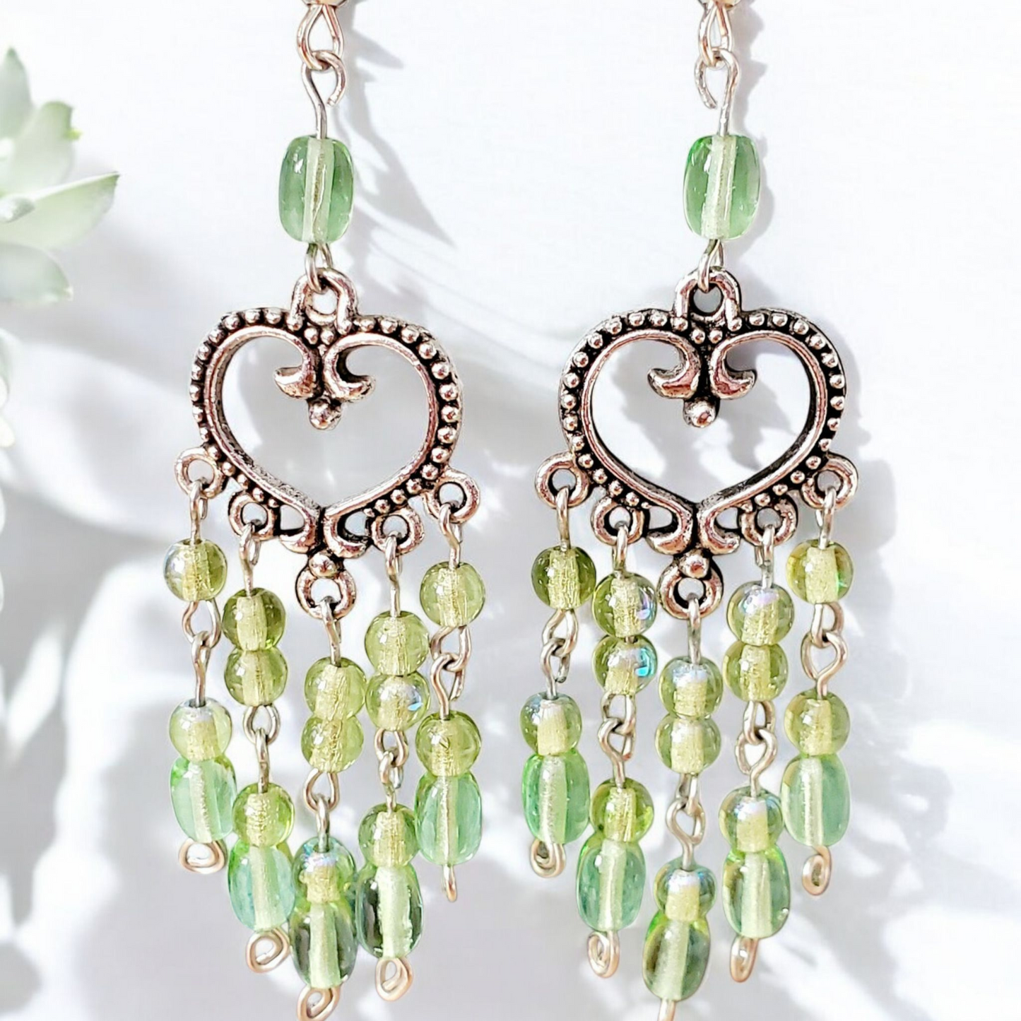 Boho Green Heart Chandelier Earrings – Handmade Silver Dangles with Green Beads & Silver Wire, 3” Long