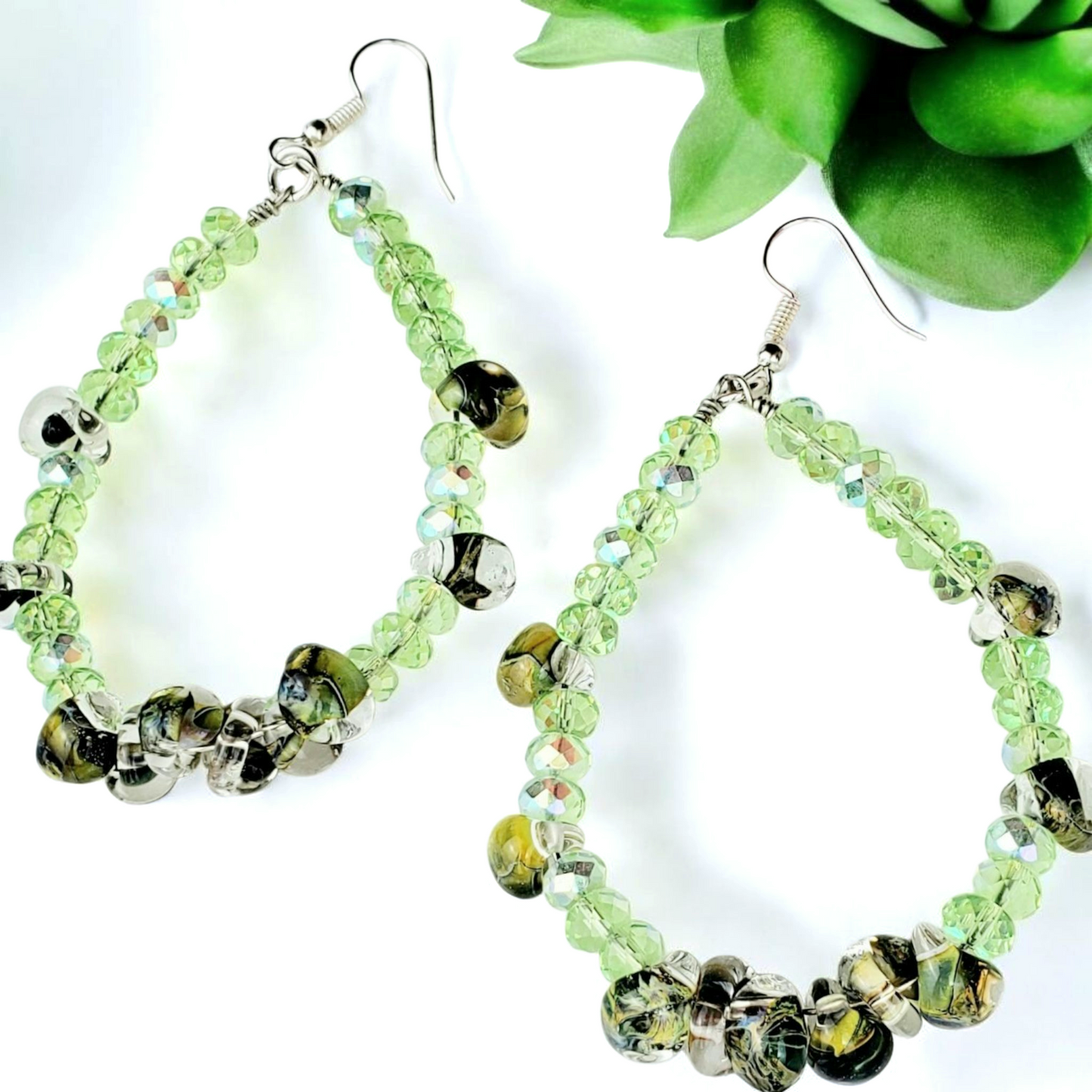 Boho Green Glass Hoop Earrings – Handmade Dangles with Lampwork Beads & Silver Hooks, 3” Long x 2” Wide