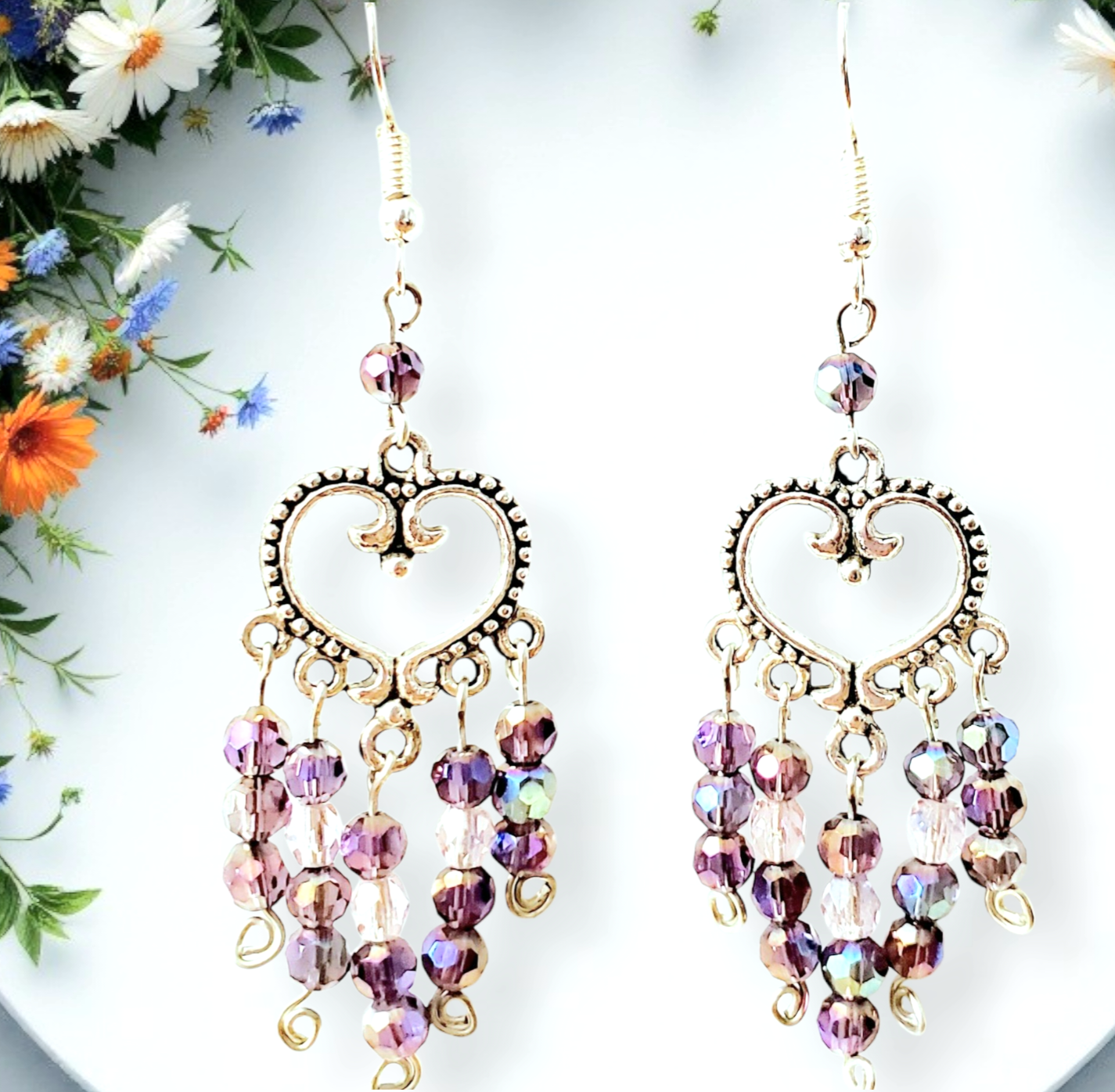 Boho Heart Earrings – Handmade Silver Dangles with Purple Glass Beads & Wire Wrapped Heart Charms, 2.5” Long
