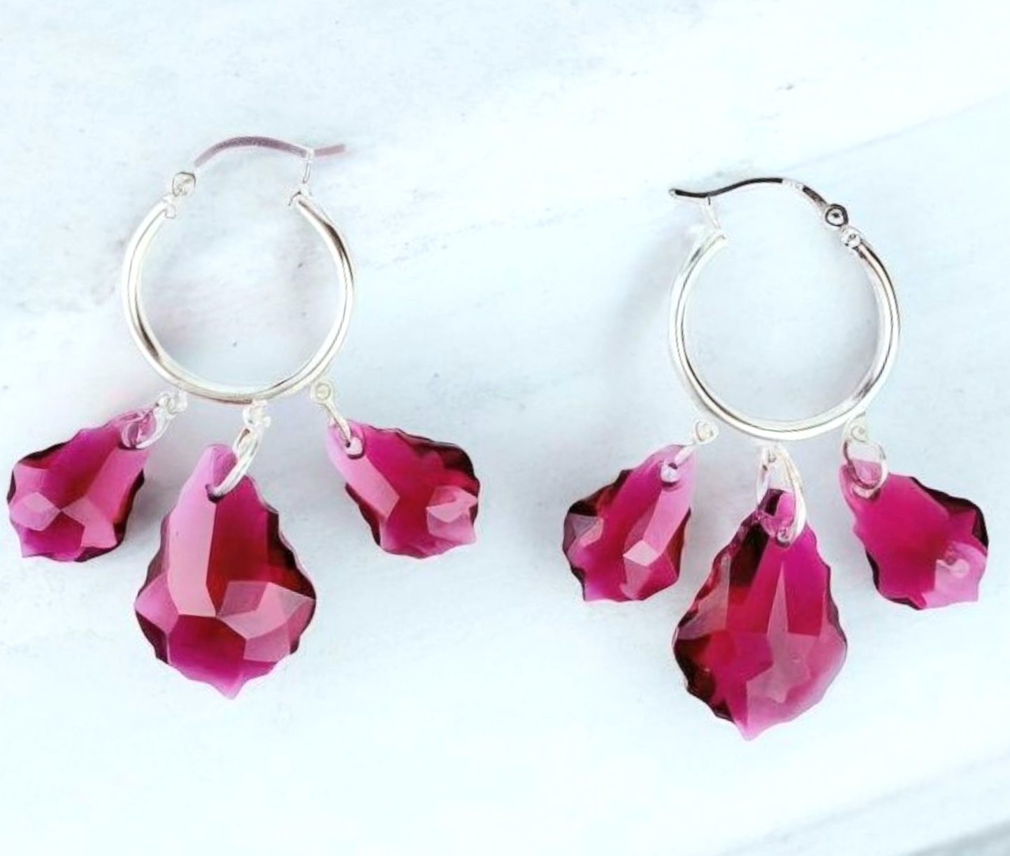 Sterling Silver Hoop Earrings – Handmade Ruby Red Swarovski Chandelier Crystals on 20mm Hoops, 2” Long