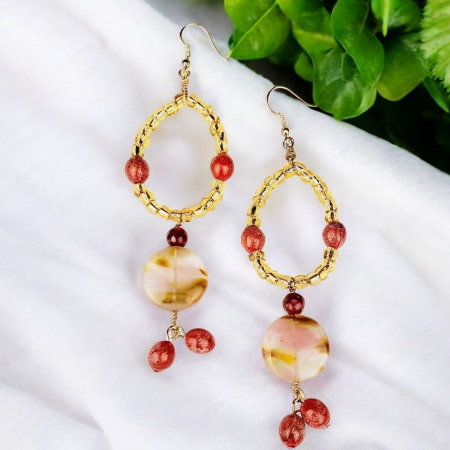 Boho Jasper & Carnelian Earrings – Handmade Golden Dangles with Seed Beads, Glass Discs & Wire Wrap, 3.5” Long