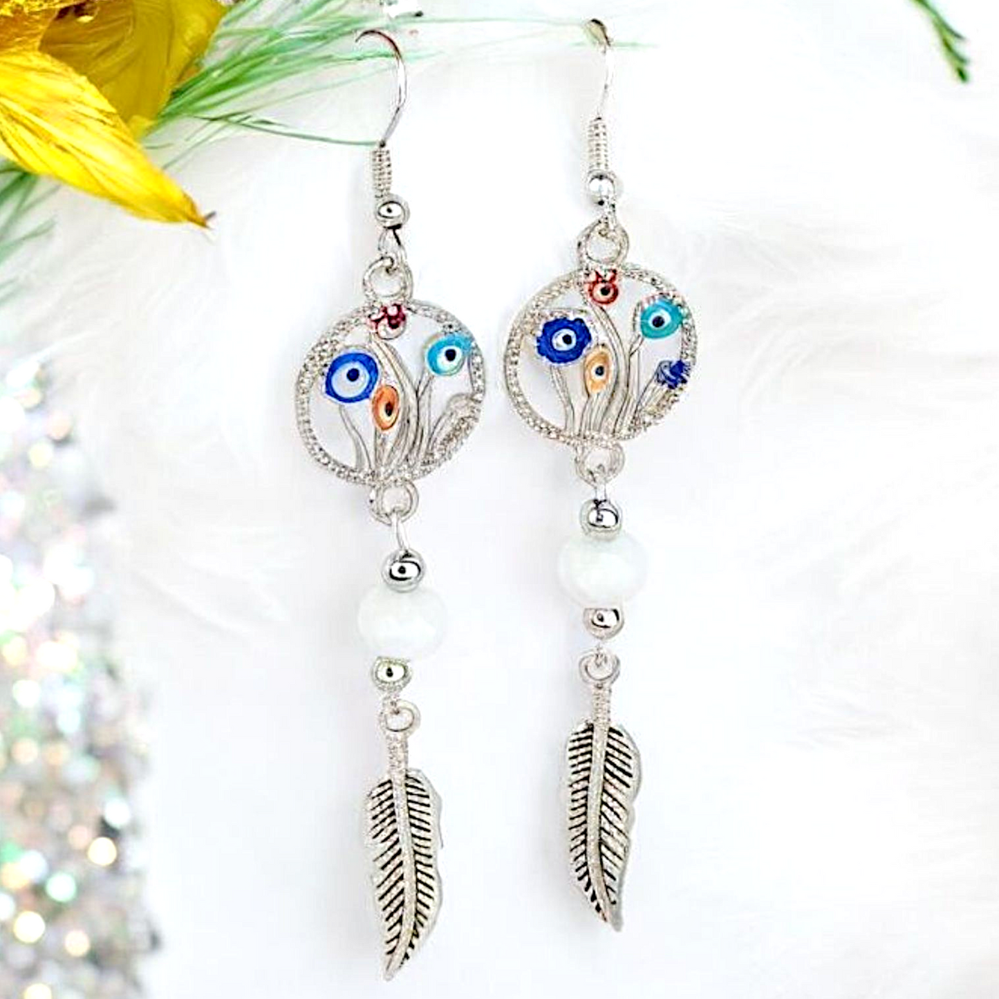 Boho Floral Feather Earrings – Handmade Silver Dangles with Enamel Flower Charms, White Faceted Beads & Feather Drops, 3.25” Long