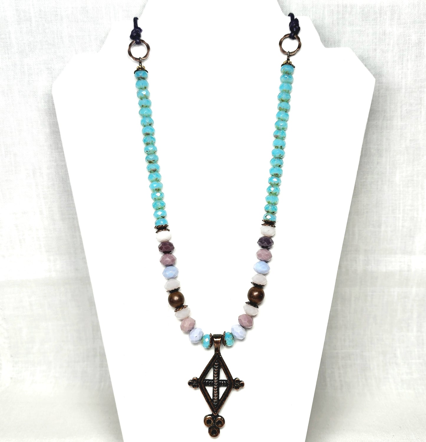 Boho Brass Cross Necklace – Handmade Antique Pendant with Teal & Multicolor Glass Beads on Adjustable Purple Leather Cord – 32” Statement Jewelry