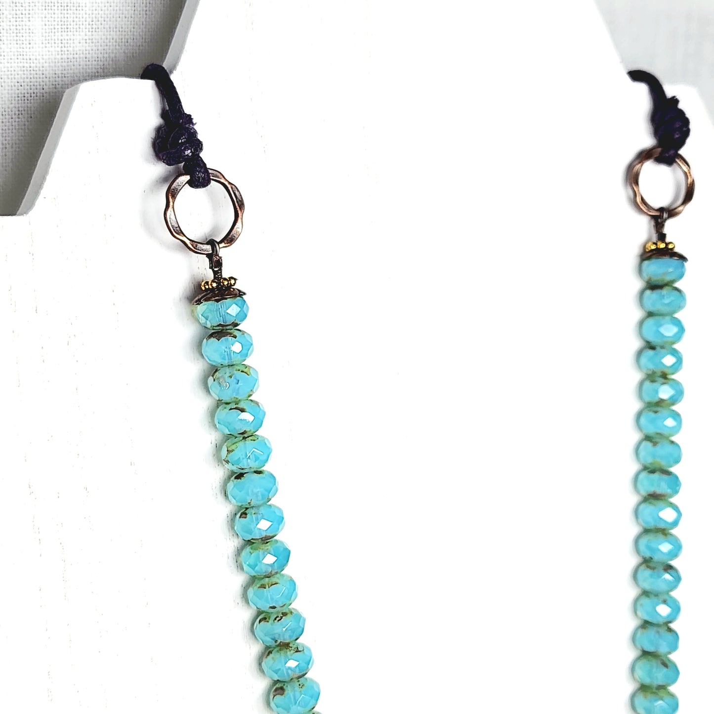 Boho Brass Cross Necklace – Handmade Antique Pendant with Teal & Multicolor Glass Beads on Adjustable Purple Leather Cord – 32” Statement Jewelry
