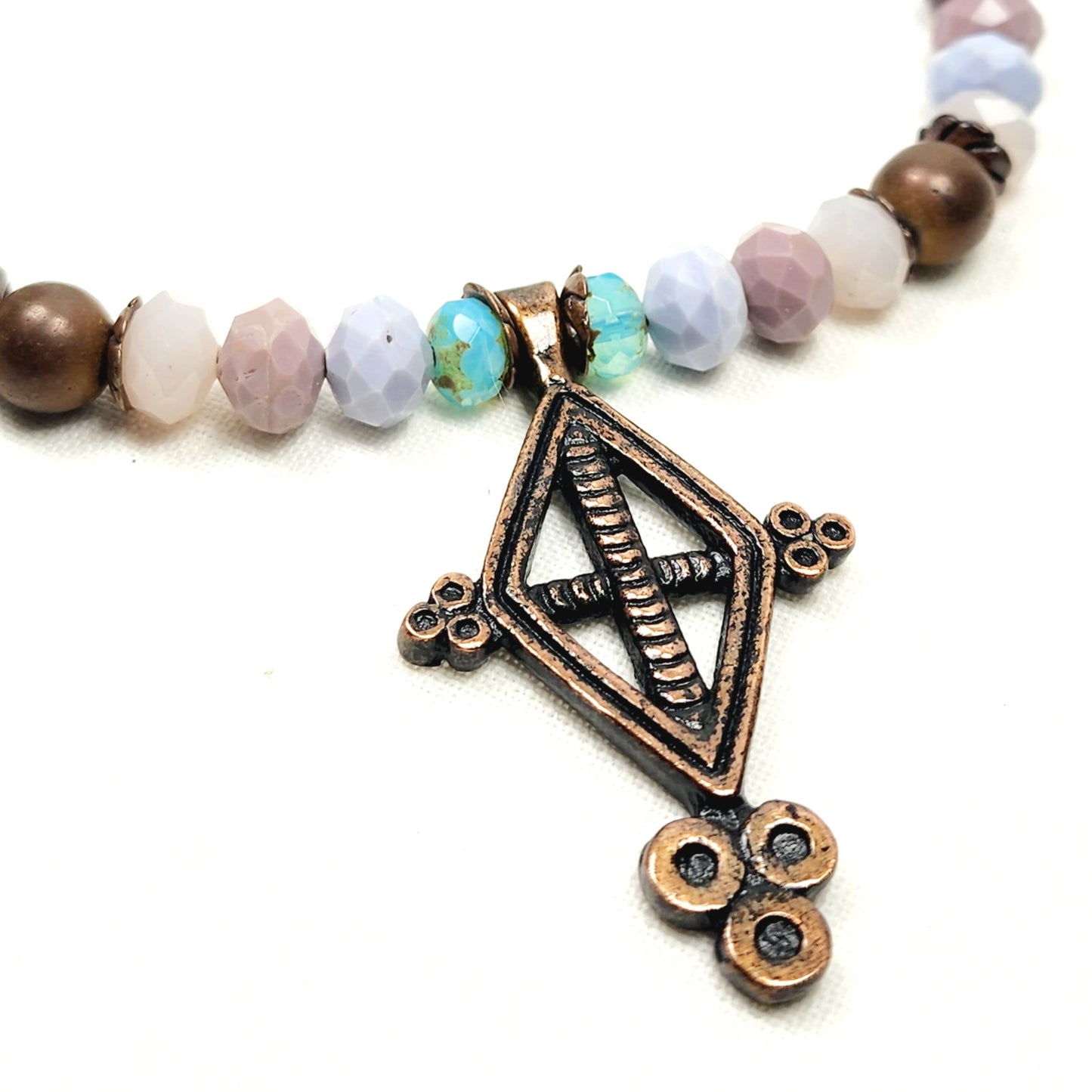 Boho Brass Cross Necklace – Handmade Antique Pendant with Teal & Multicolor Glass Beads on Adjustable Purple Leather Cord – 32” Statement Jewelry