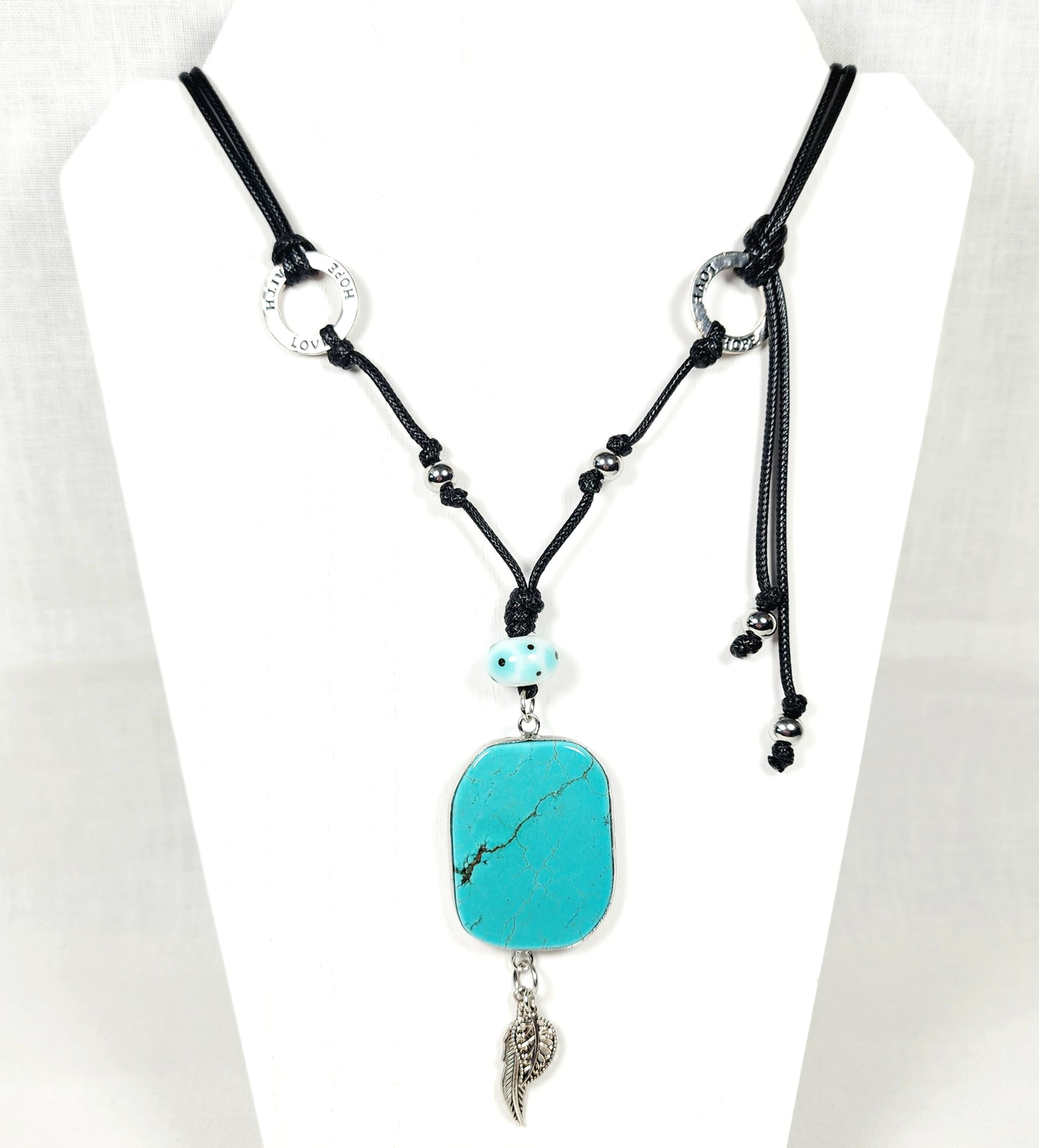 Turquoise Pendant Necklace – Handmade Boho Jewelry with Lampwork Glass, Silver Hope Rings & Adjustable Black Cord – 42” Statement Gift