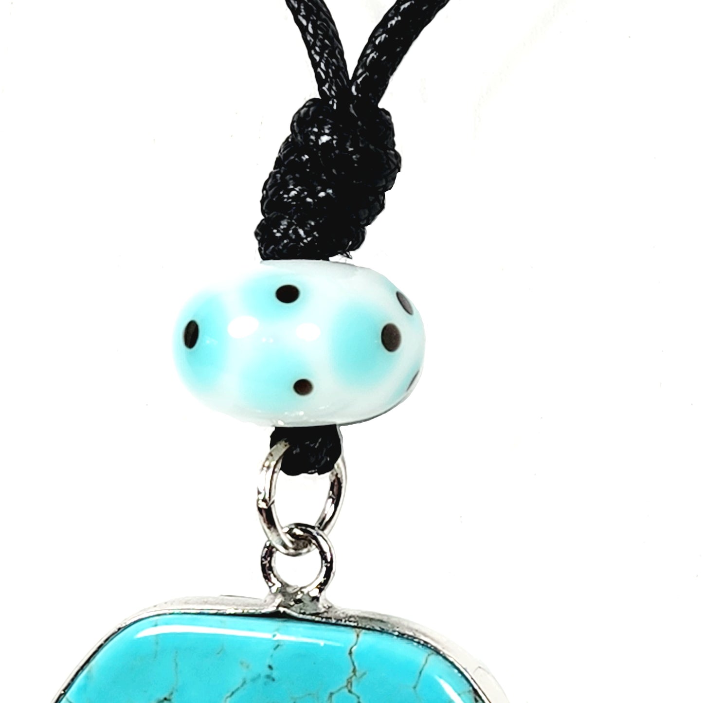 Turquoise Pendant Necklace – Handmade Boho Jewelry with Lampwork Glass, Silver Hope Rings & Adjustable Black Cord – 42” Statement Gift