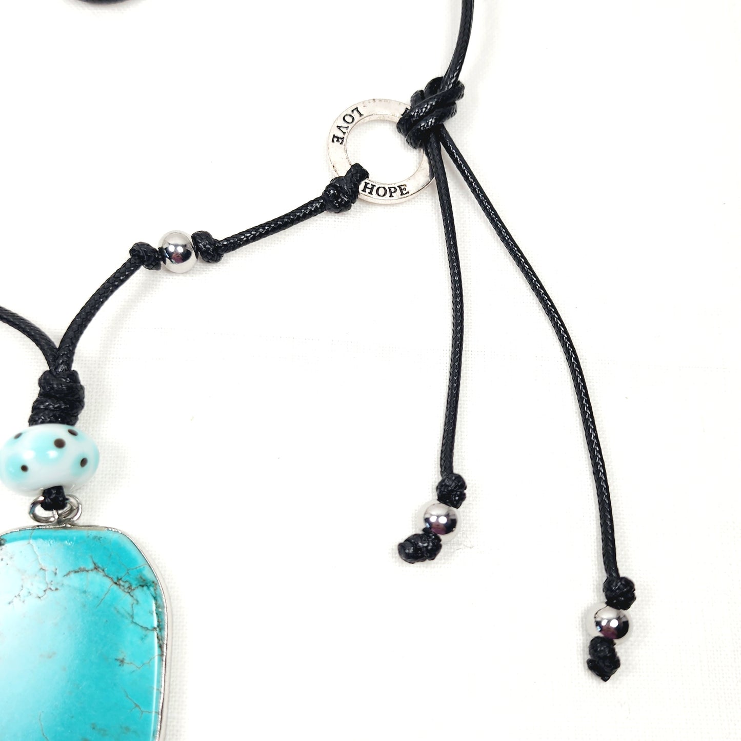 Turquoise Pendant Necklace – Handmade Boho Jewelry with Lampwork Glass, Silver Hope Rings & Adjustable Black Cord – 42” Statement Gift