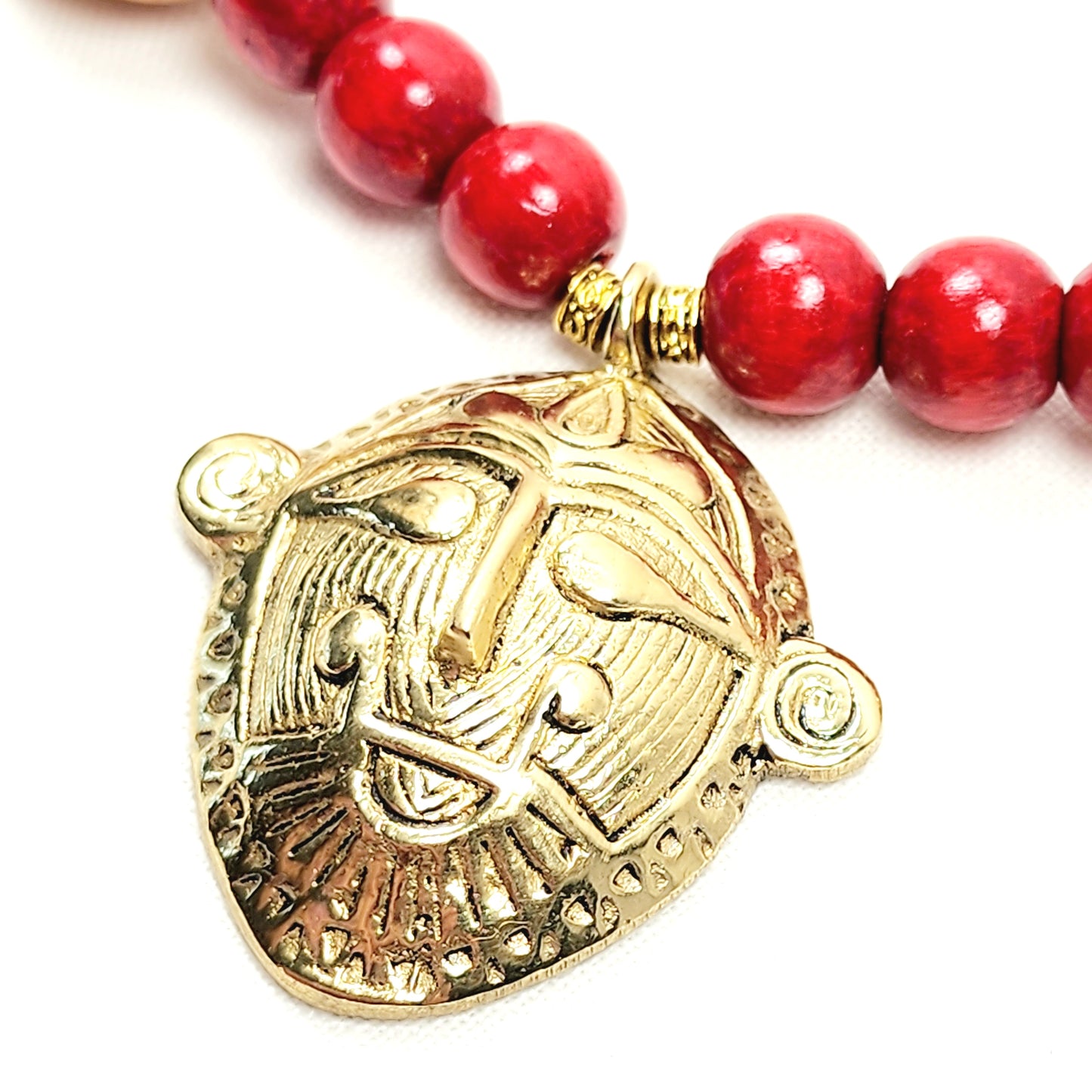 Ashanti Brass Mask Necklace – Handmade African Tribal Jewelry with Ghana Pendant, Wooden & Gold Beads on Adjustable Brown Cord – 38” Statement