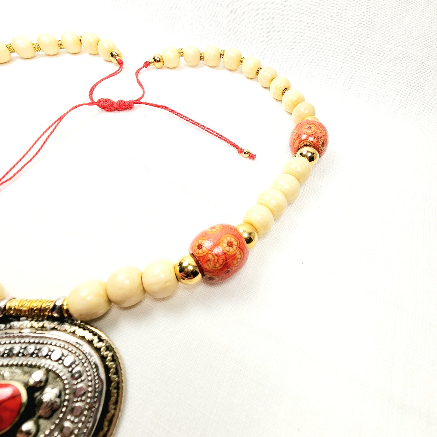 Boho Tribal Pendant Necklace – Handmade Jewelry with Red Resin Silver Oval Pendant, Wooden Beads & Golden Accents on Adjustable Red Cotton Cord, 35”