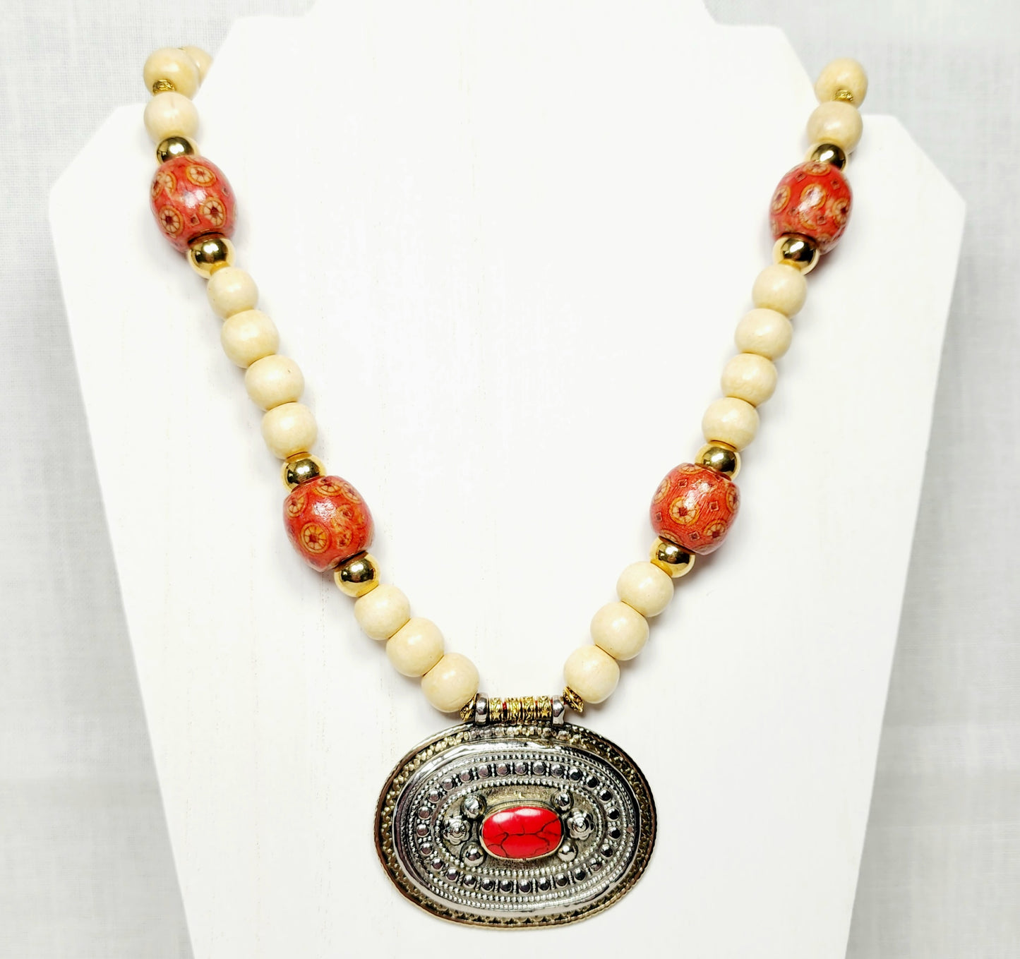 Boho Tribal Pendant Necklace – Handmade Jewelry with Red Resin Silver Oval Pendant, Wooden Beads & Golden Accents on Adjustable Red Cotton Cord, 35”