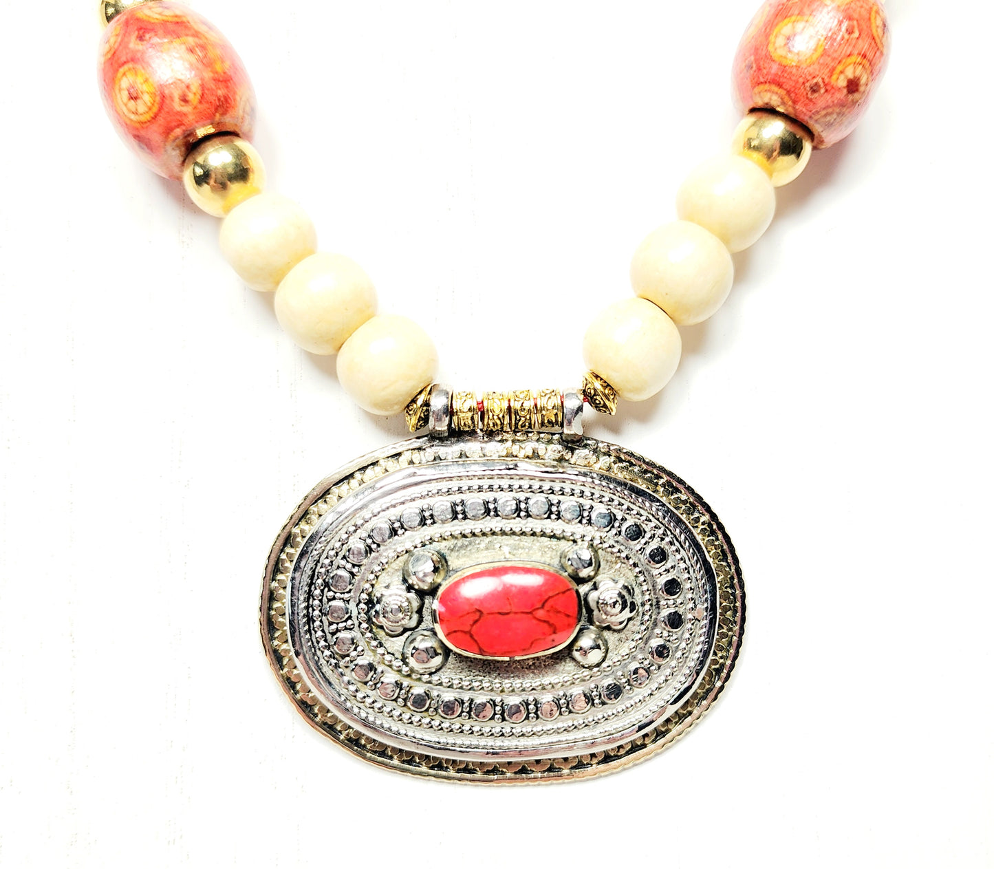 Boho Tribal Pendant Necklace – Handmade Jewelry with Red Resin Silver Oval Pendant, Wooden Beads & Golden Accents on Adjustable Red Cotton Cord, 35”