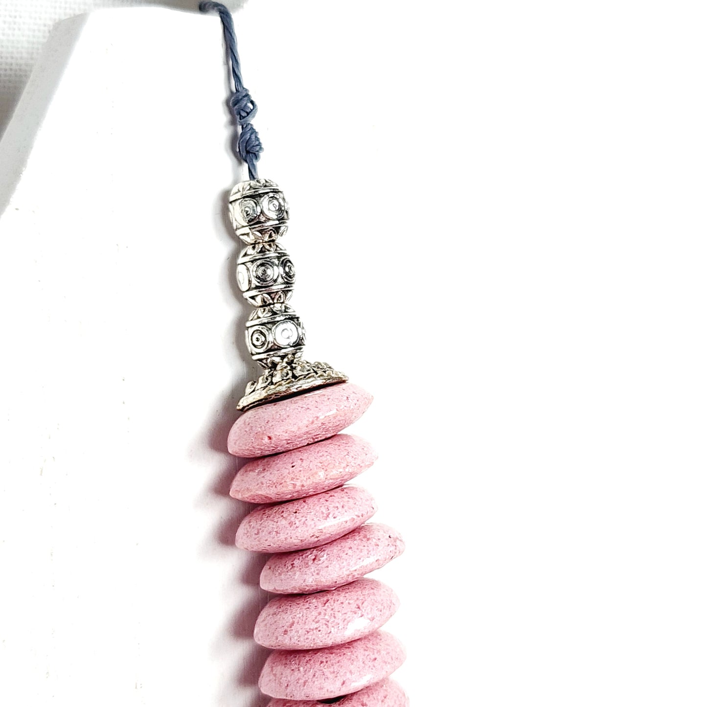 Boho Tuareg Cross Necklace – Handmade Tribal Jewelry with Pink Ashanti Glass, Swarovski Crystals & Java Sea Glass on Grey Cotton Cord with Silver Clasp