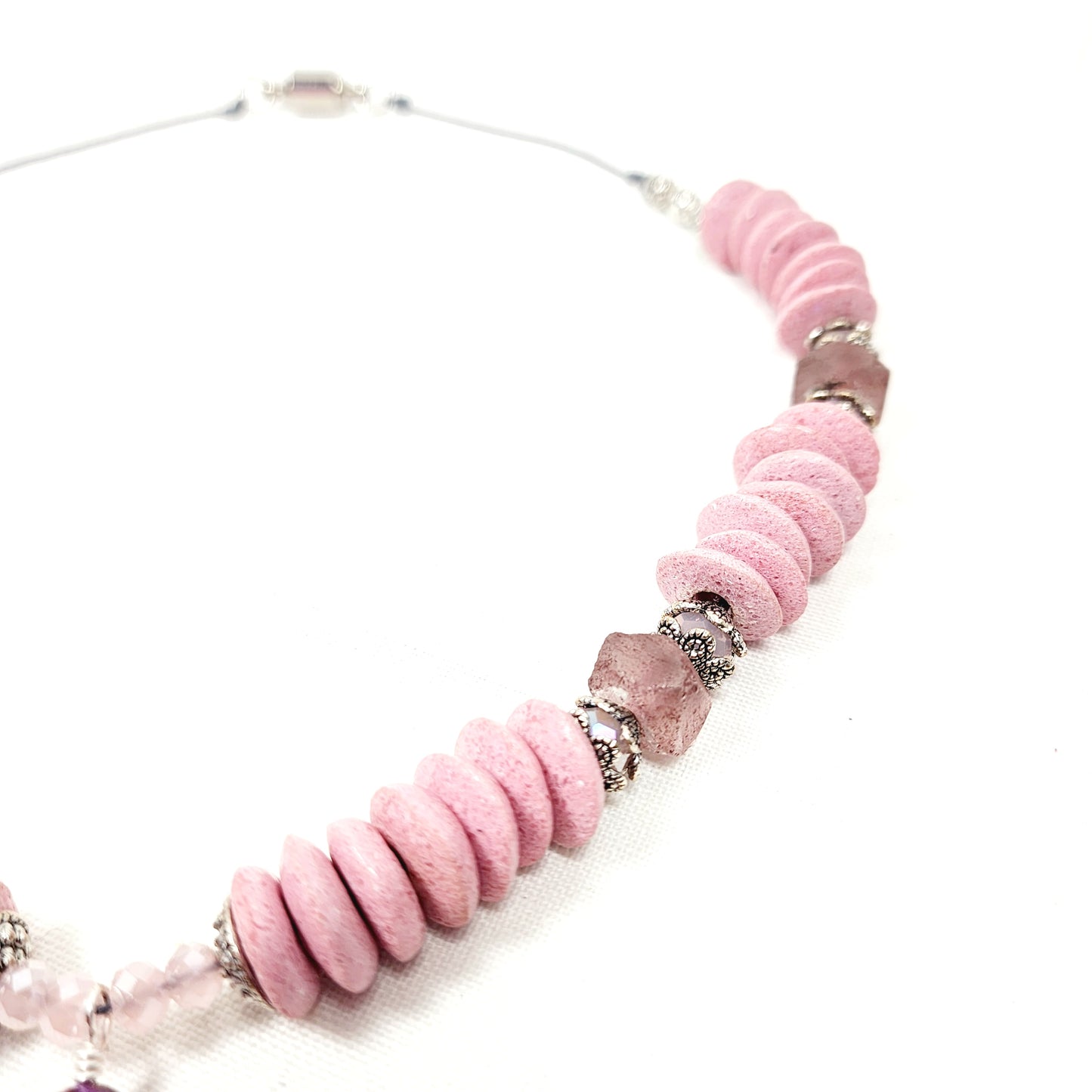 Boho Tuareg Cross Necklace – Handmade Tribal Jewelry with Pink Ashanti Glass, Swarovski Crystals & Java Sea Glass on Grey Cotton Cord with Silver Clasp
