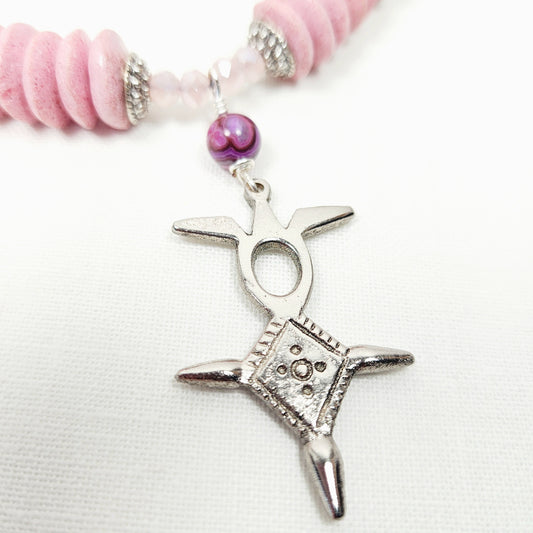 Boho Tuareg Cross Necklace – Handmade Tribal Jewelry with Pink Ashanti Glass, Swarovski Crystals & Java Sea Glass on Grey Cotton Cord with Silver Clasp
