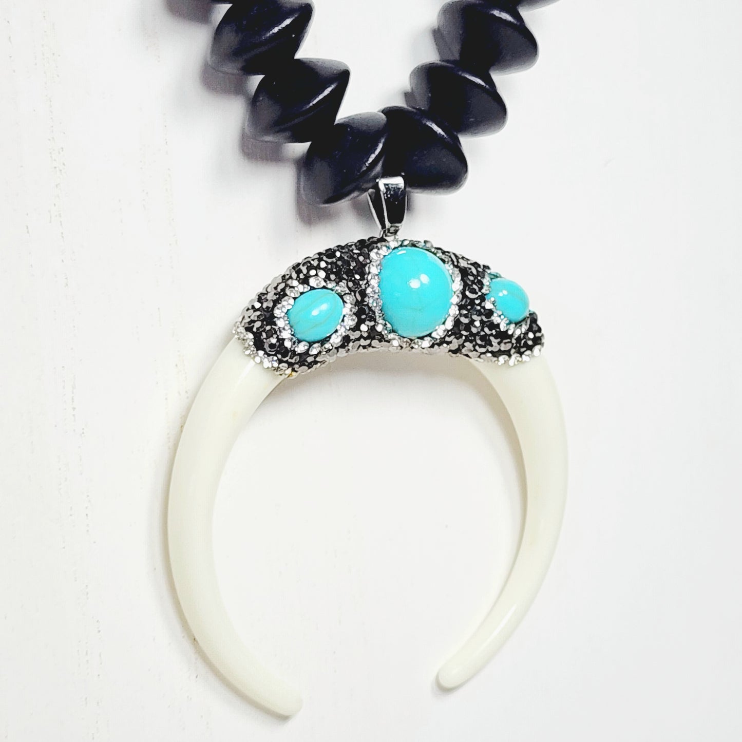 Crescent Moon Boho Necklace – Handmade Jewelry with Silver Beads, Lampwork Glass & Wood Abacus Beads on Black Cotton Cord
