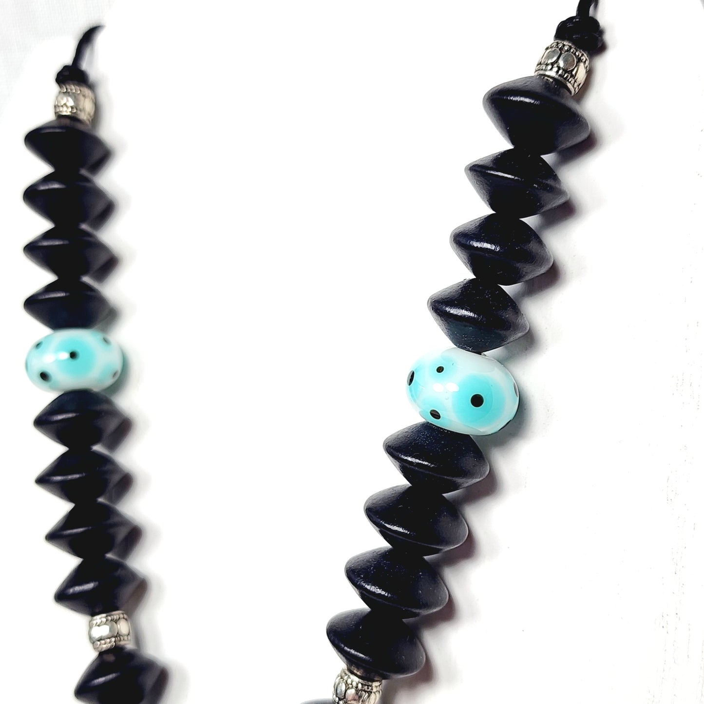 Crescent Moon Boho Necklace – Handmade Jewelry with Silver Beads, Lampwork Glass & Wood Abacus Beads on Black Cotton Cord
