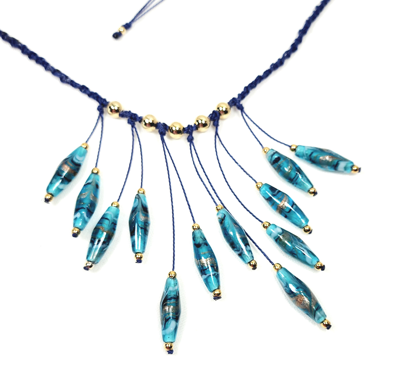 Teal Lampwork Glass Necklace – Handmade Boho Jewelry with Rhombus Beads, Golden Accents & Adjustable Blue Cotton Cord