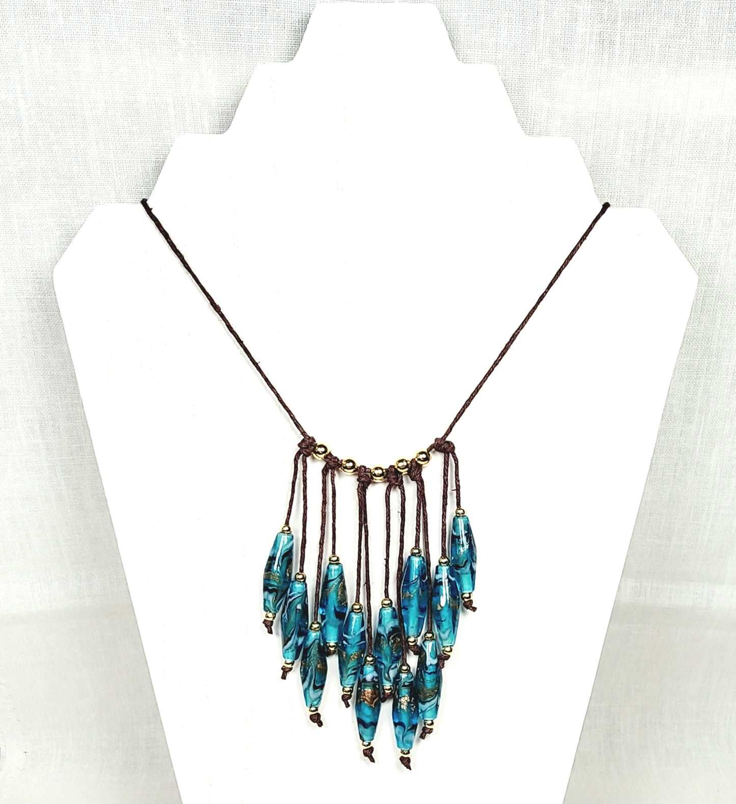 Teal Rhombus Glass Bead Necklace – Handmade Boho Jewelry with Geometric Lampwork Beads on Adjustable Brown Cord – Statement Gift for Her