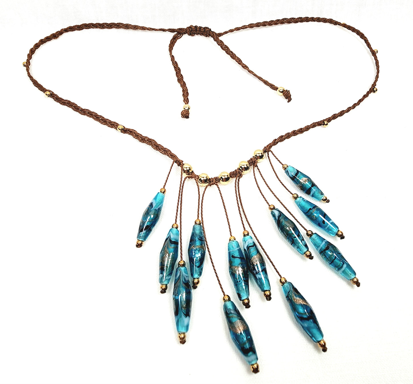 Teal Glass Boho Necklace – Handmade Jewelry with Rhombus Lampwork Beads, Golden Accents & Adjustable Braided Brown Cotton Cord