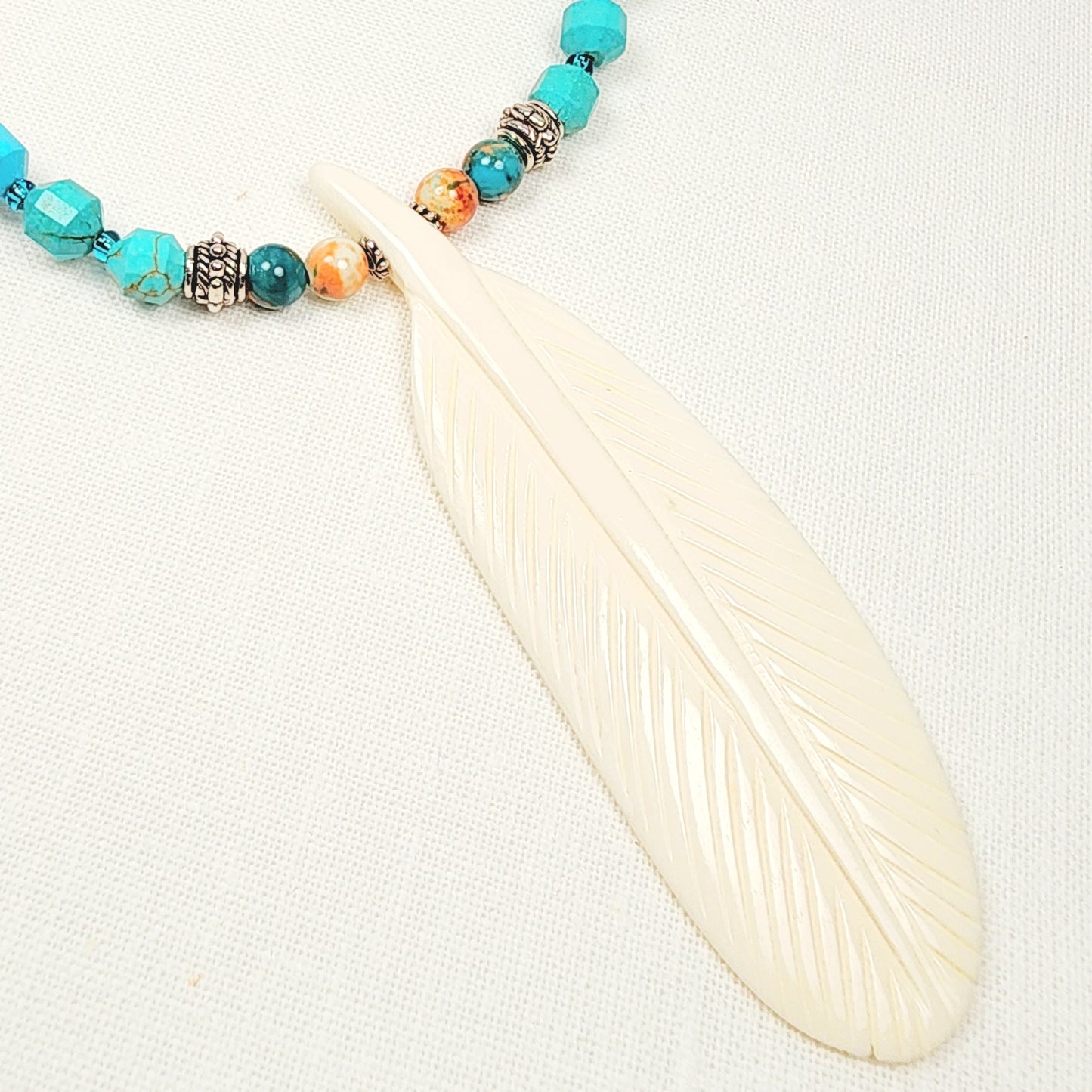 Boho Feather Necklace – Handmade Jewelry with White Resin Feather, Ocean Jade, Lampwork, Turquoise & Spiny Oyster Shell on Adjustable Brown Cord