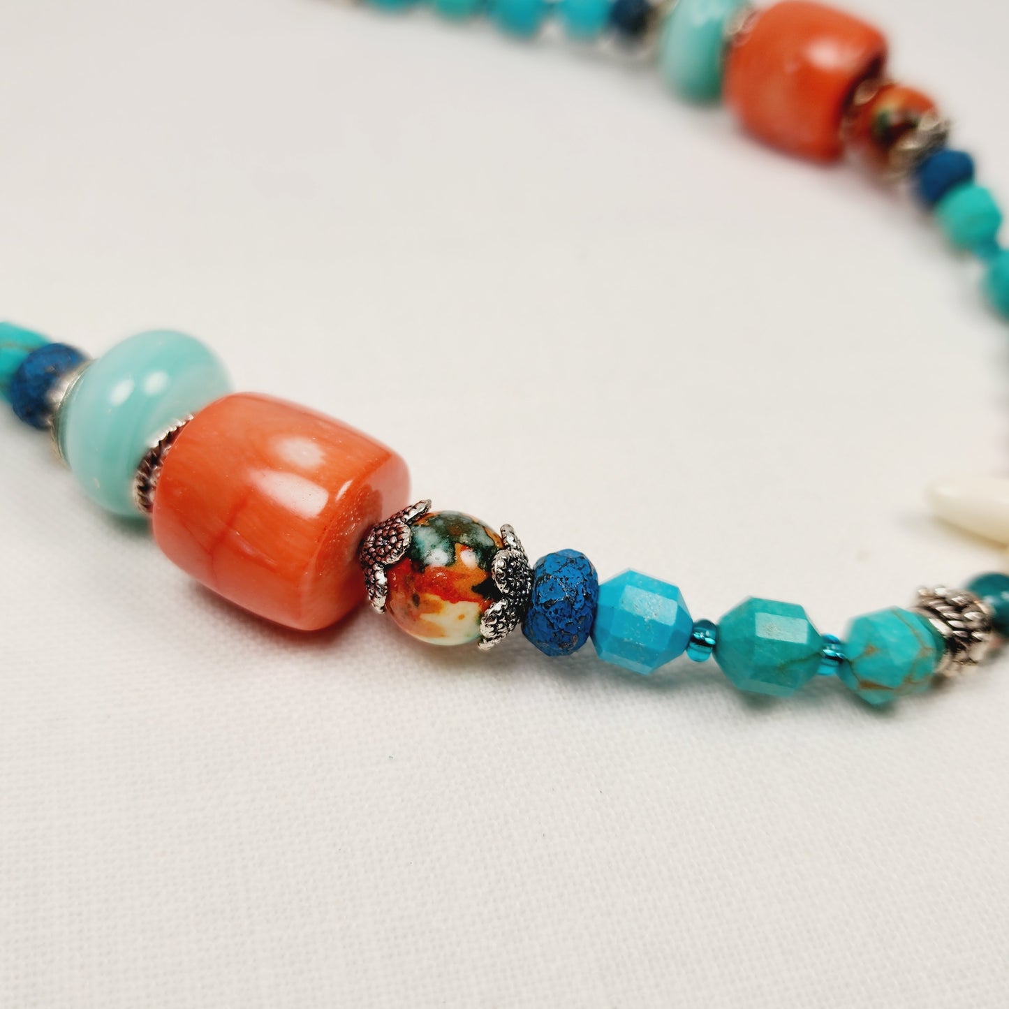 Boho Feather Necklace – Handmade Jewelry with White Resin Feather, Ocean Jade, Lampwork, Turquoise & Spiny Oyster Shell on Adjustable Brown Cord