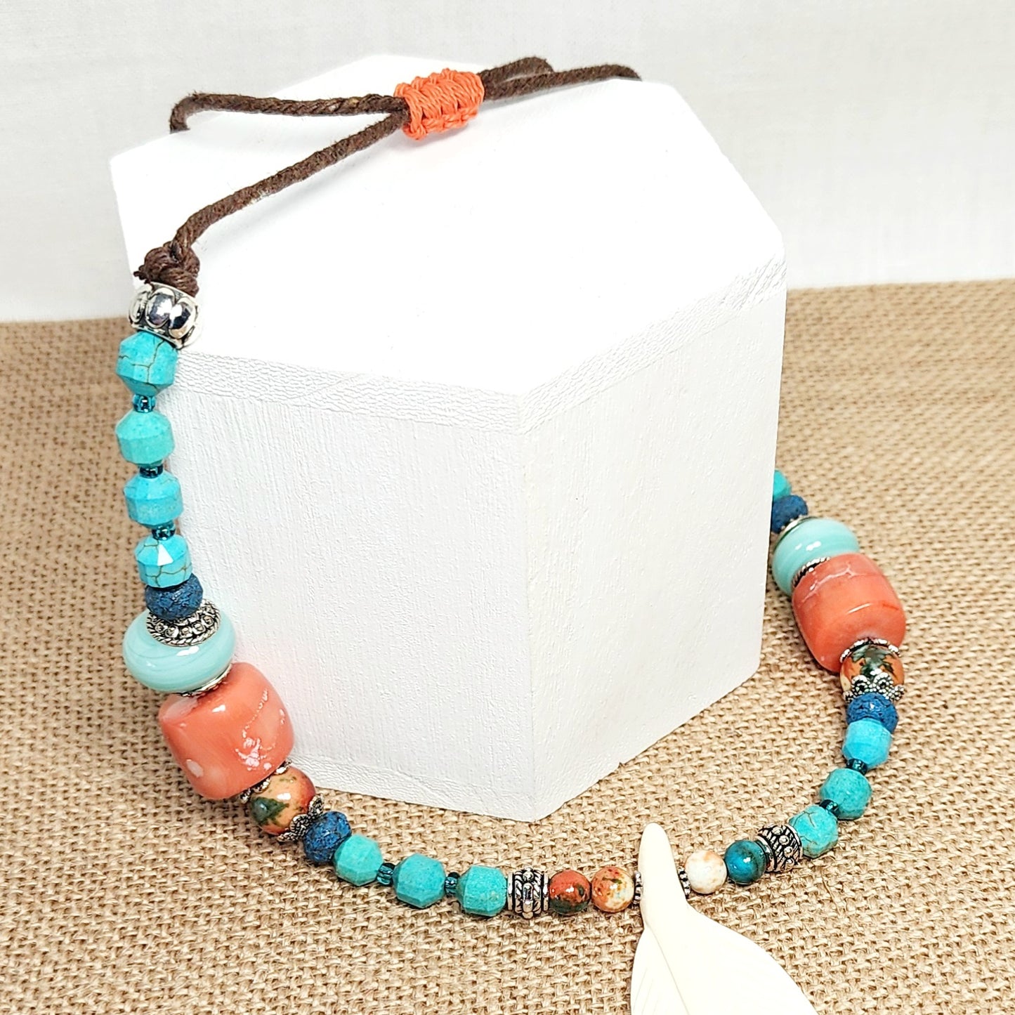 Boho Feather Necklace – Handmade Jewelry with White Resin Feather, Ocean Jade, Lampwork, Turquoise & Spiny Oyster Shell on Adjustable Brown Cord
