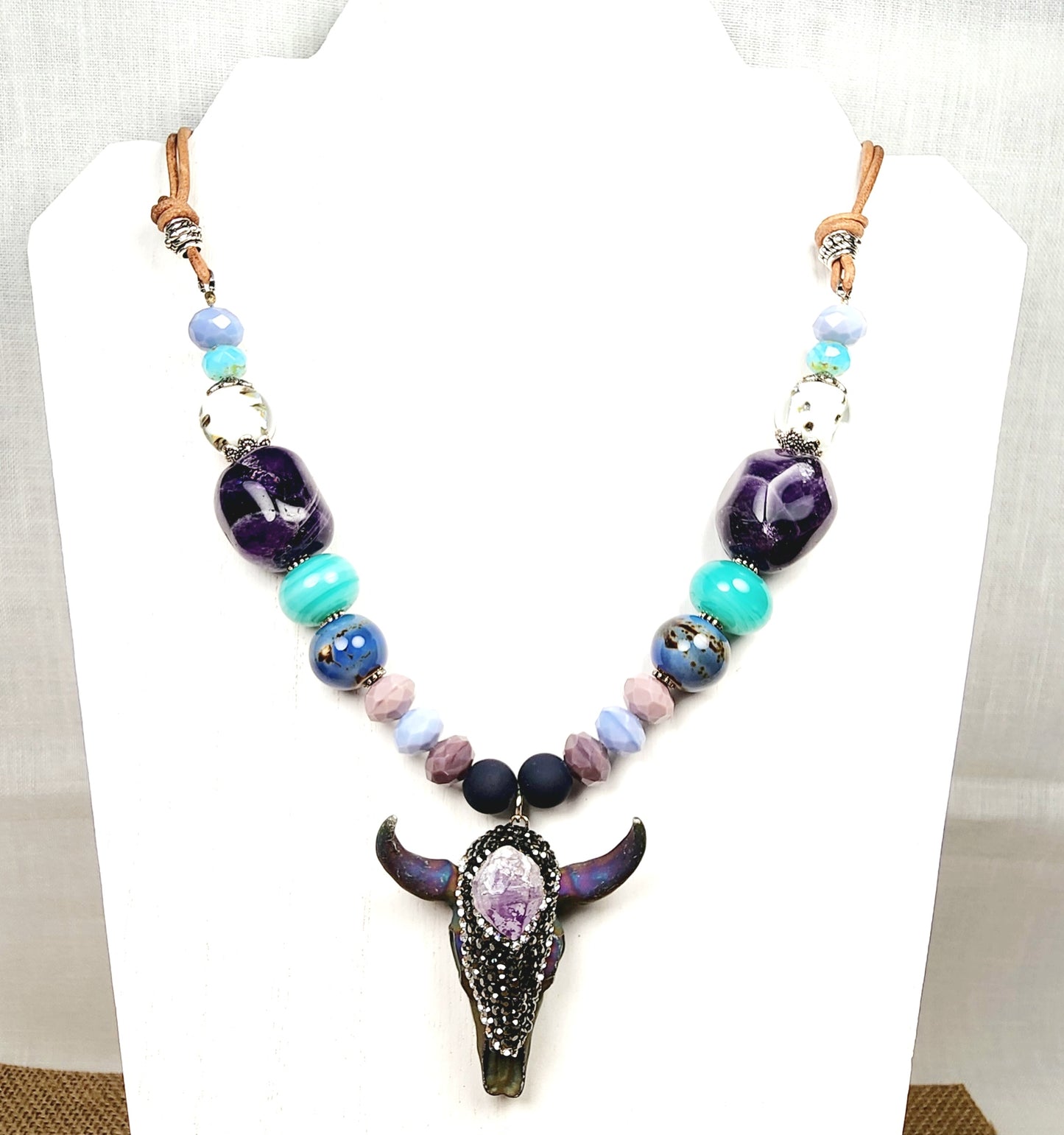 Boho Bull Skull Necklace – Handmade Rustic Jewelry with Amethyst Nuggets, Teal Lampwork Beads on Adjustable Leather Cord
