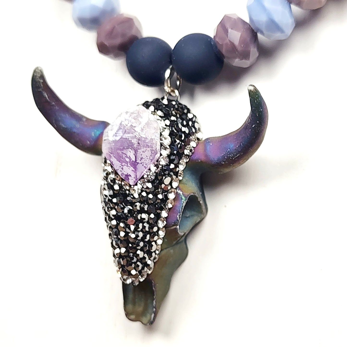 Boho Bull Skull Necklace – Handmade Rustic Jewelry with Amethyst Nuggets, Teal Lampwork Beads on Adjustable Leather Cord