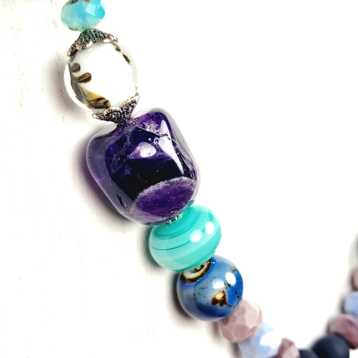 Boho Bull Skull Necklace – Handmade Rustic Jewelry with Amethyst Nuggets, Teal Lampwork Beads on Adjustable Leather Cord