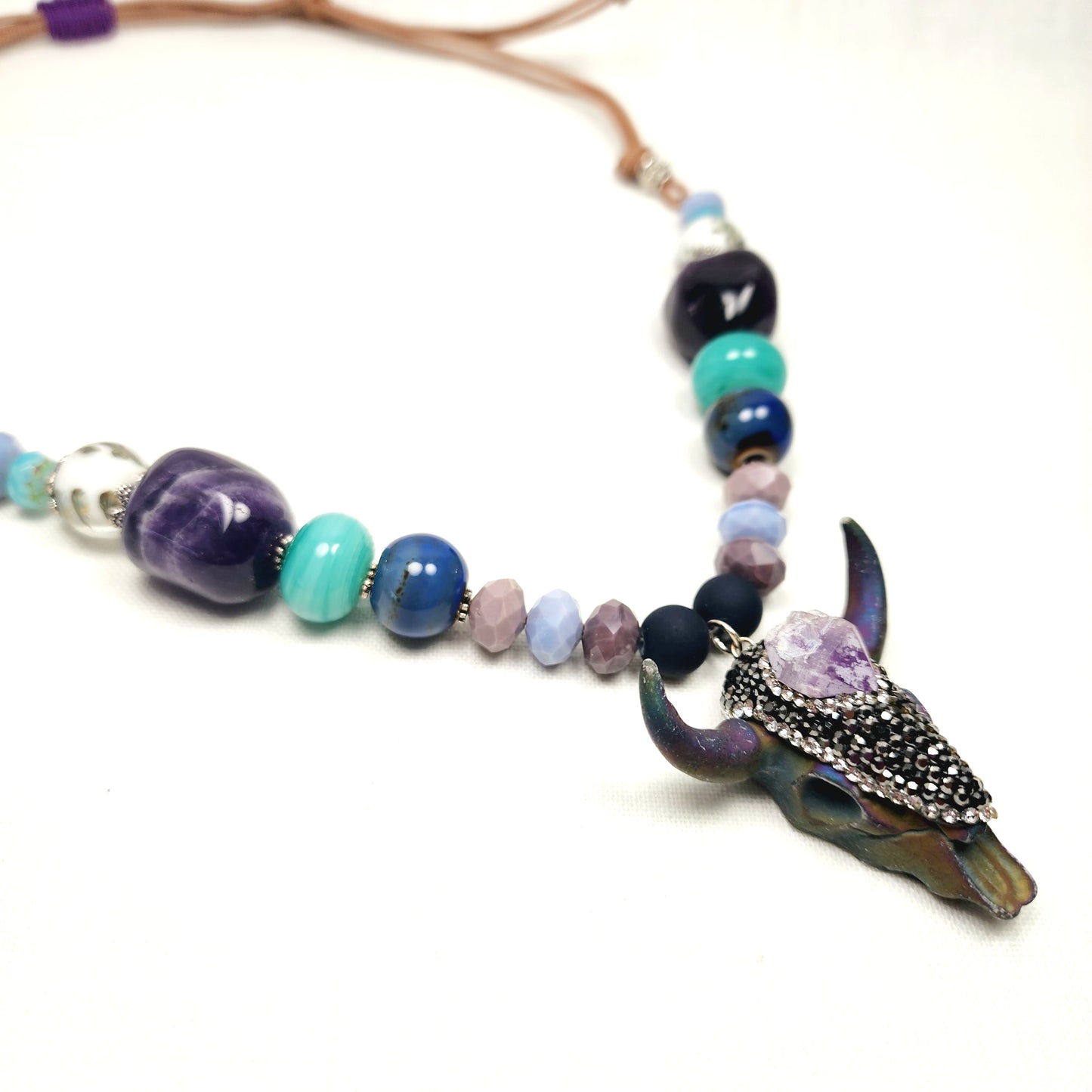 Boho Bull Skull Necklace – Handmade Rustic Jewelry with Amethyst Nuggets, Teal Lampwork Beads on Adjustable Leather Cord