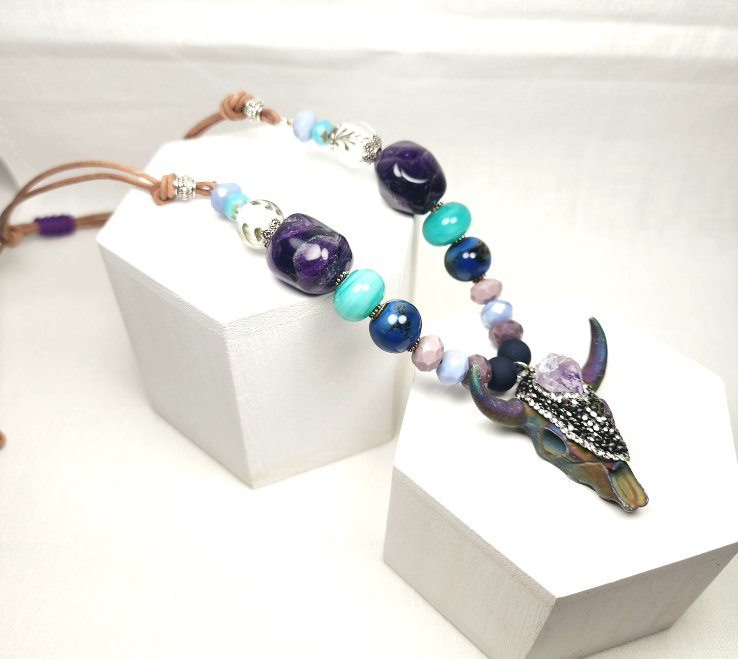 Boho Bull Skull Necklace – Handmade Rustic Jewelry with Amethyst Nuggets, Teal Lampwork Beads on Adjustable Leather Cord