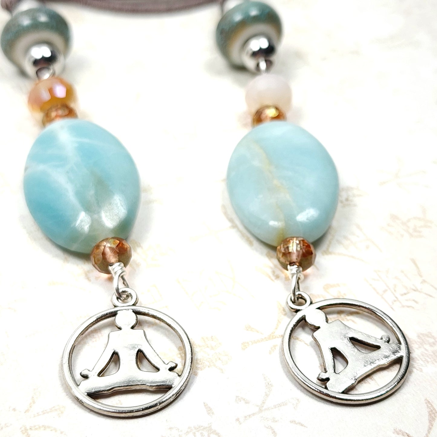 Boho Yoga Necklace – Handmade Jewelry with Silver Yoga Pose Charm, Amazonite Stones, Porcelain & Faceted Beads on Grey Faux Suede Cord
