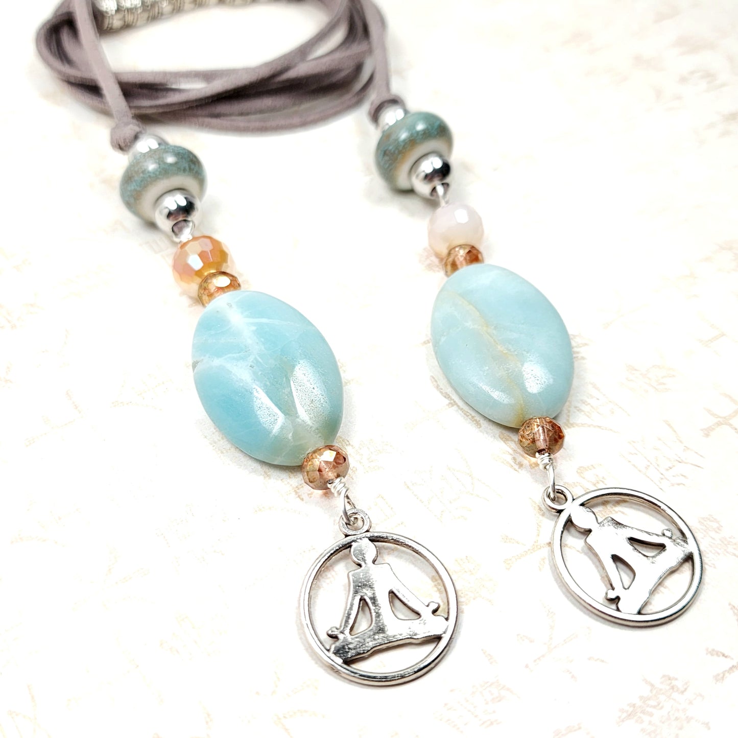 Boho Yoga Necklace – Handmade Jewelry with Silver Yoga Pose Charm, Amazonite Stones, Porcelain & Faceted Beads on Grey Faux Suede Cord