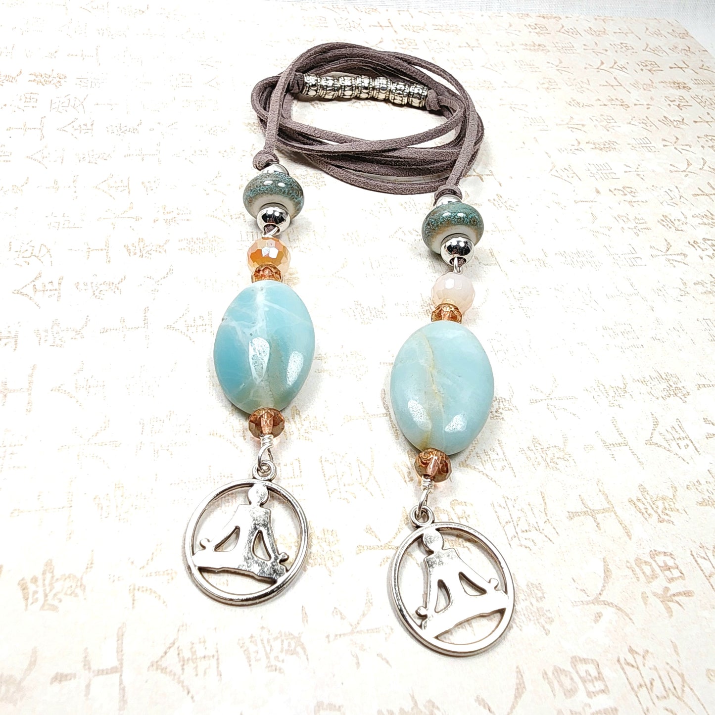 Boho Yoga Necklace – Handmade Jewelry with Silver Yoga Pose Charm, Amazonite Stones, Porcelain & Faceted Beads on Grey Faux Suede Cord
