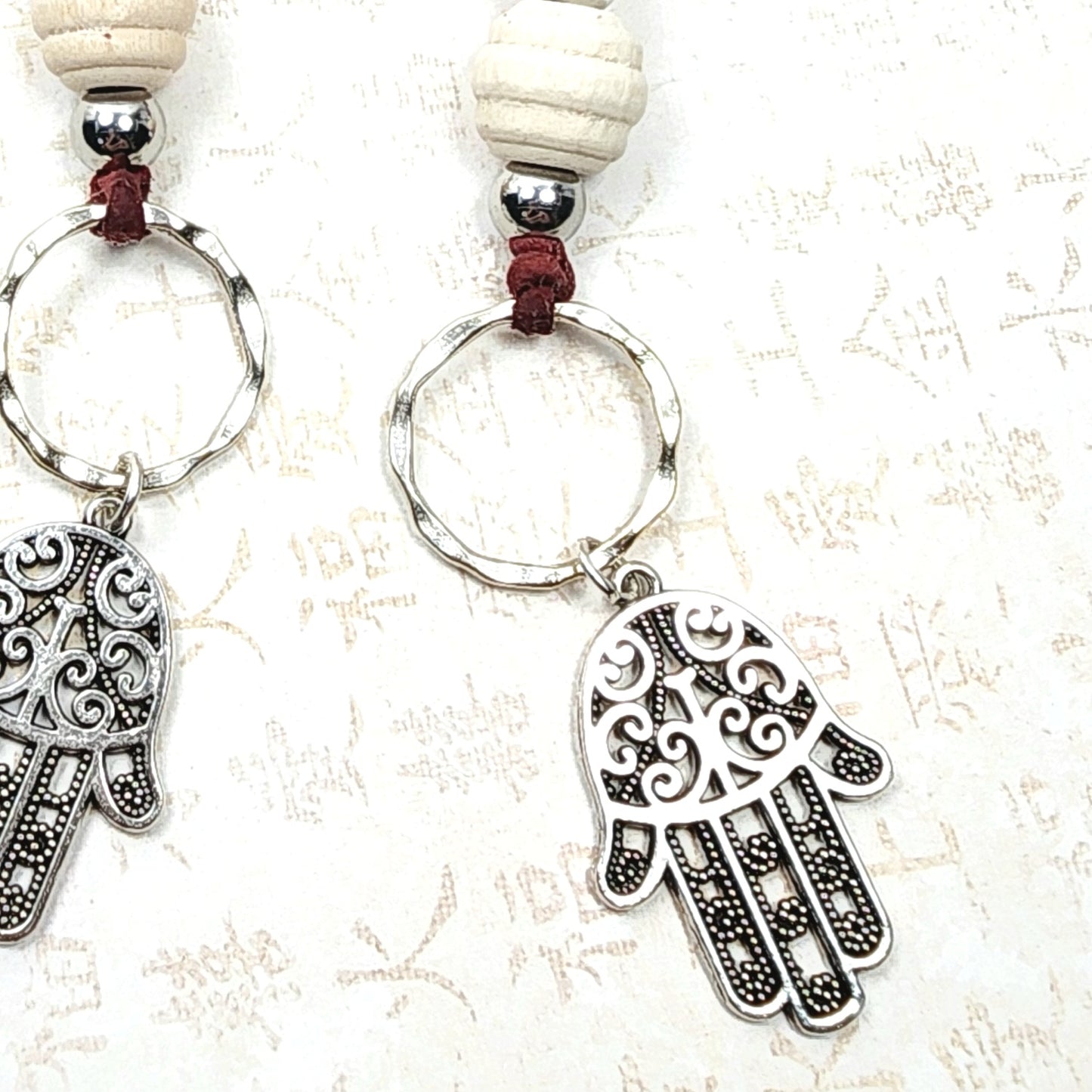 Boho Hamsa Hand Necklace – Handmade Jewelry with Silver Hamsa Charm, Wood Beads, Brass Rings & Faux Suede Brown Cord
