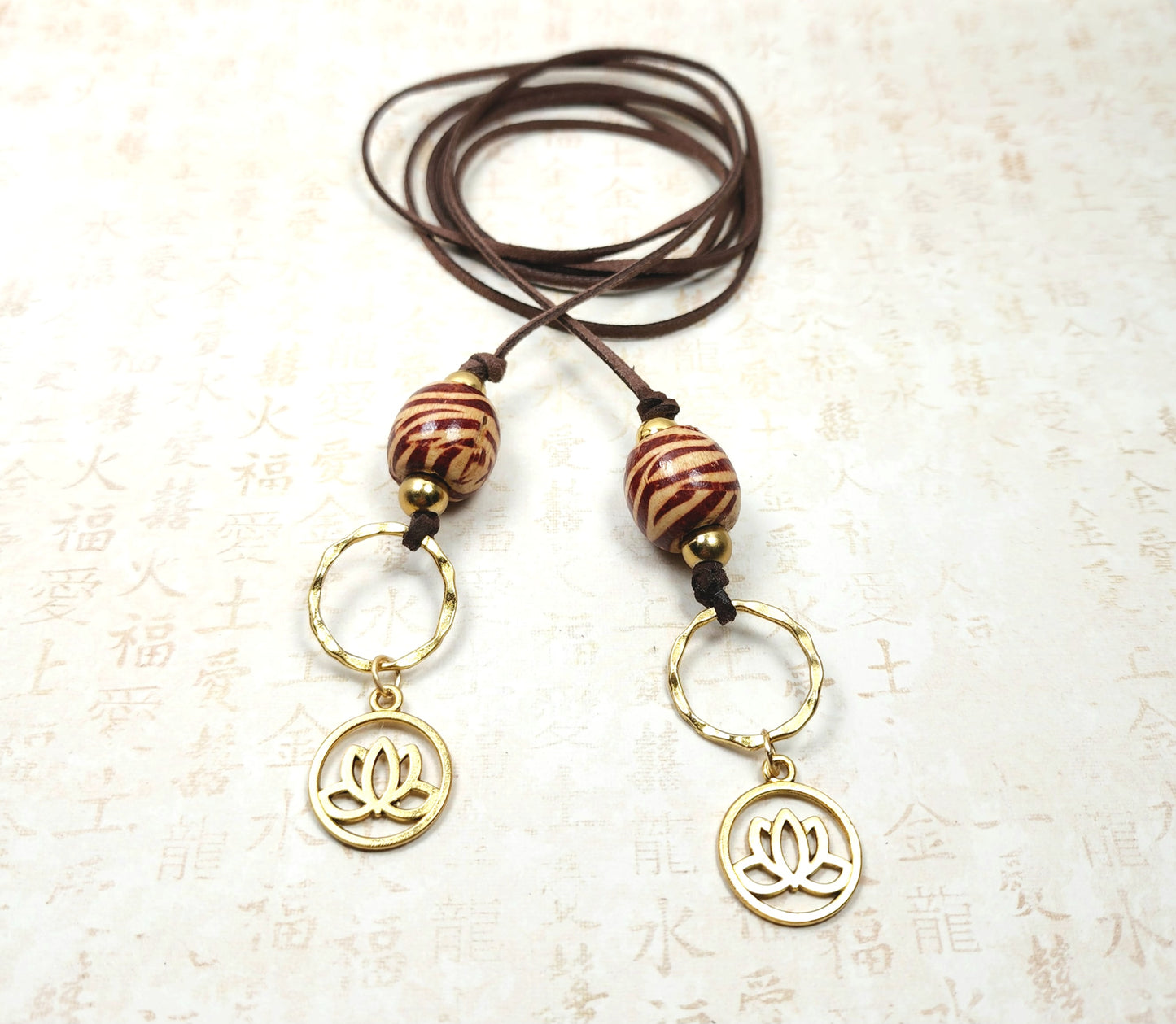 Boho Lotus Necklace – Handmade Jewelry with Brass Lotus Charm, Wooden Beads, Brass Accents & Faux Suede Brown Cord