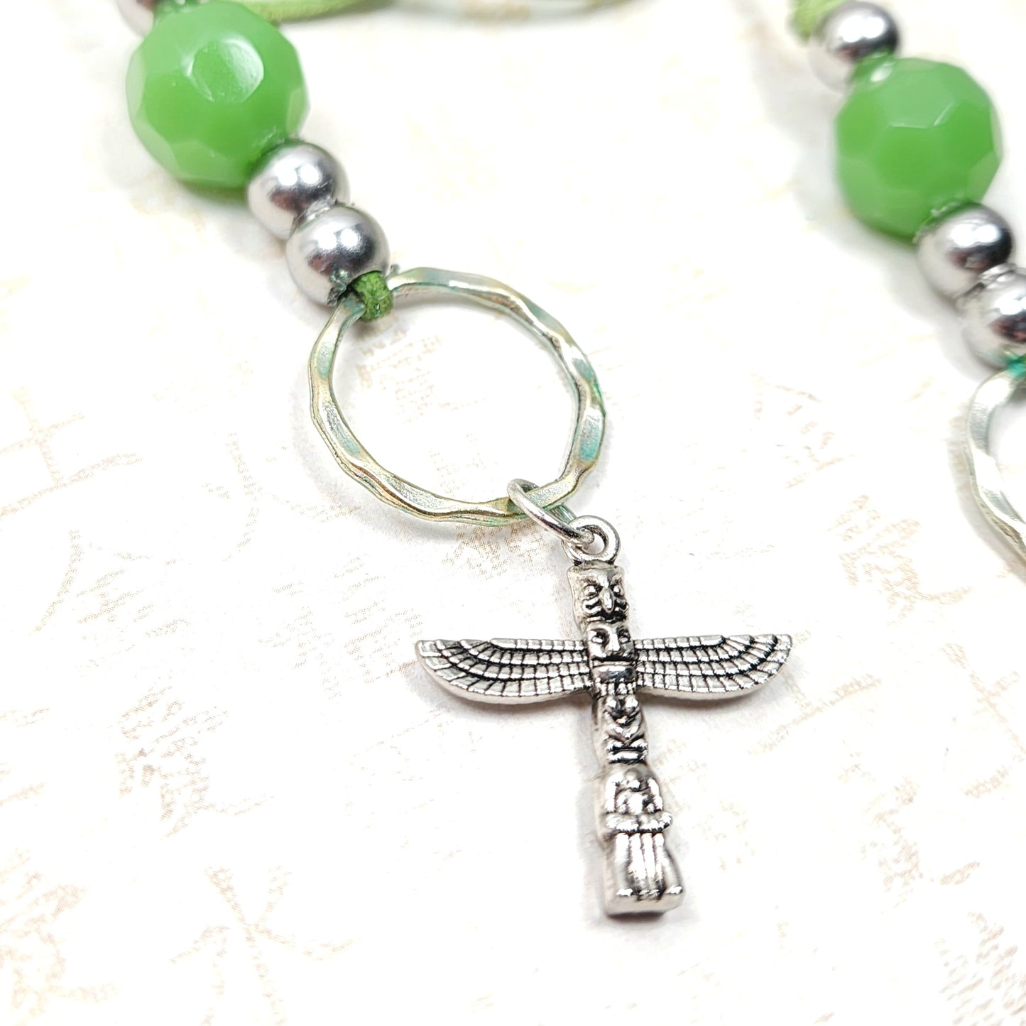Boho Mayan Totem Necklace – Handmade Jewelry with Silver Totem Charms, Green Aventurine, Sterling Beads & Faux Suede Cord