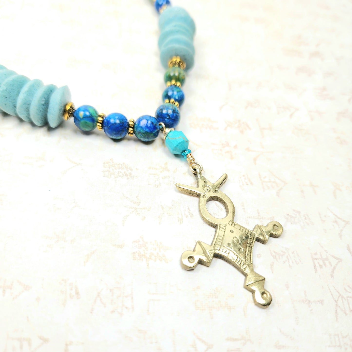 Tuareg Cross Necklace – Handmade Tribal Jewelry with Antique Brass Pendant, Ashanti Glass & Magnesite Beads with Magnetic Clasp