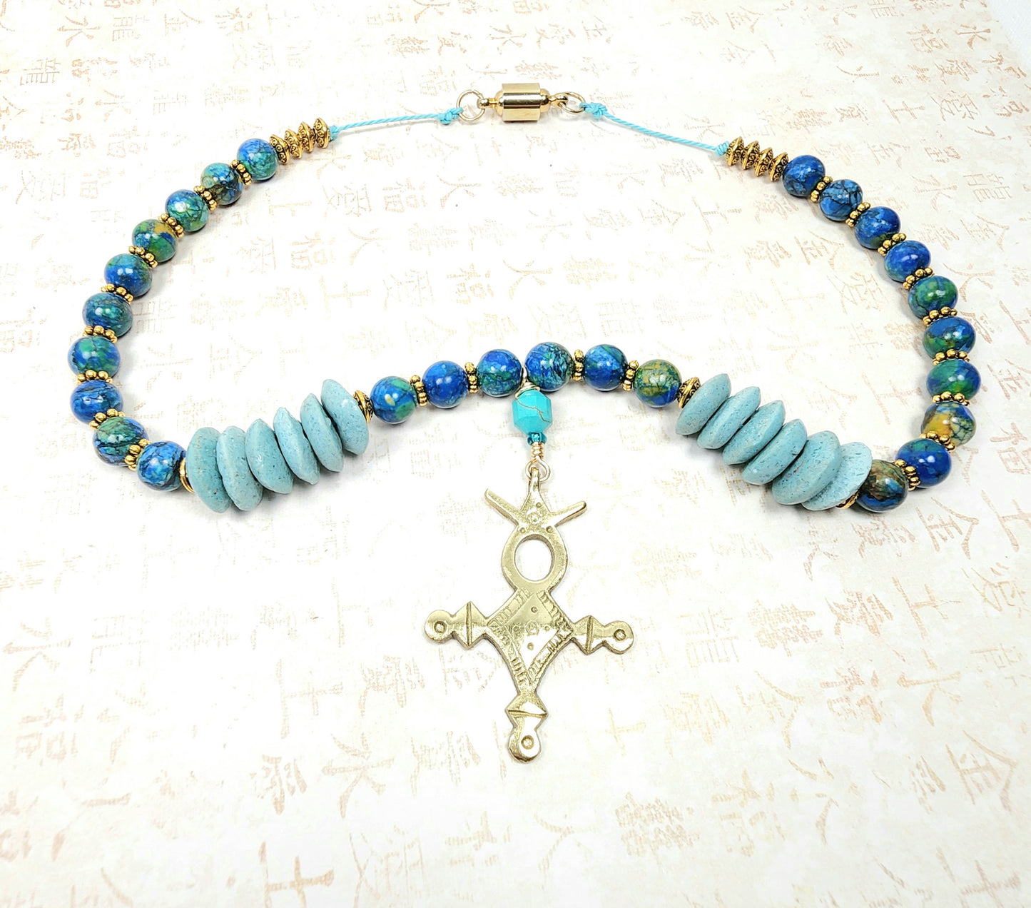Tuareg Cross Necklace – Handmade Tribal Jewelry with Antique Brass Pendant, Ashanti Glass & Magnesite Beads with Magnetic Clasp