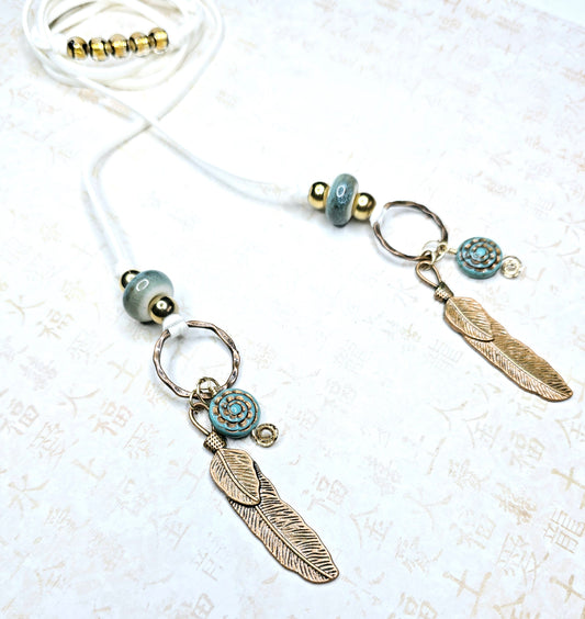 Boho Feather Lariat Necklace – Teal Porcelain Beads, Bronze Charms, Handmade on 50” Faux Suede Cord – Summer Boho Jewelry