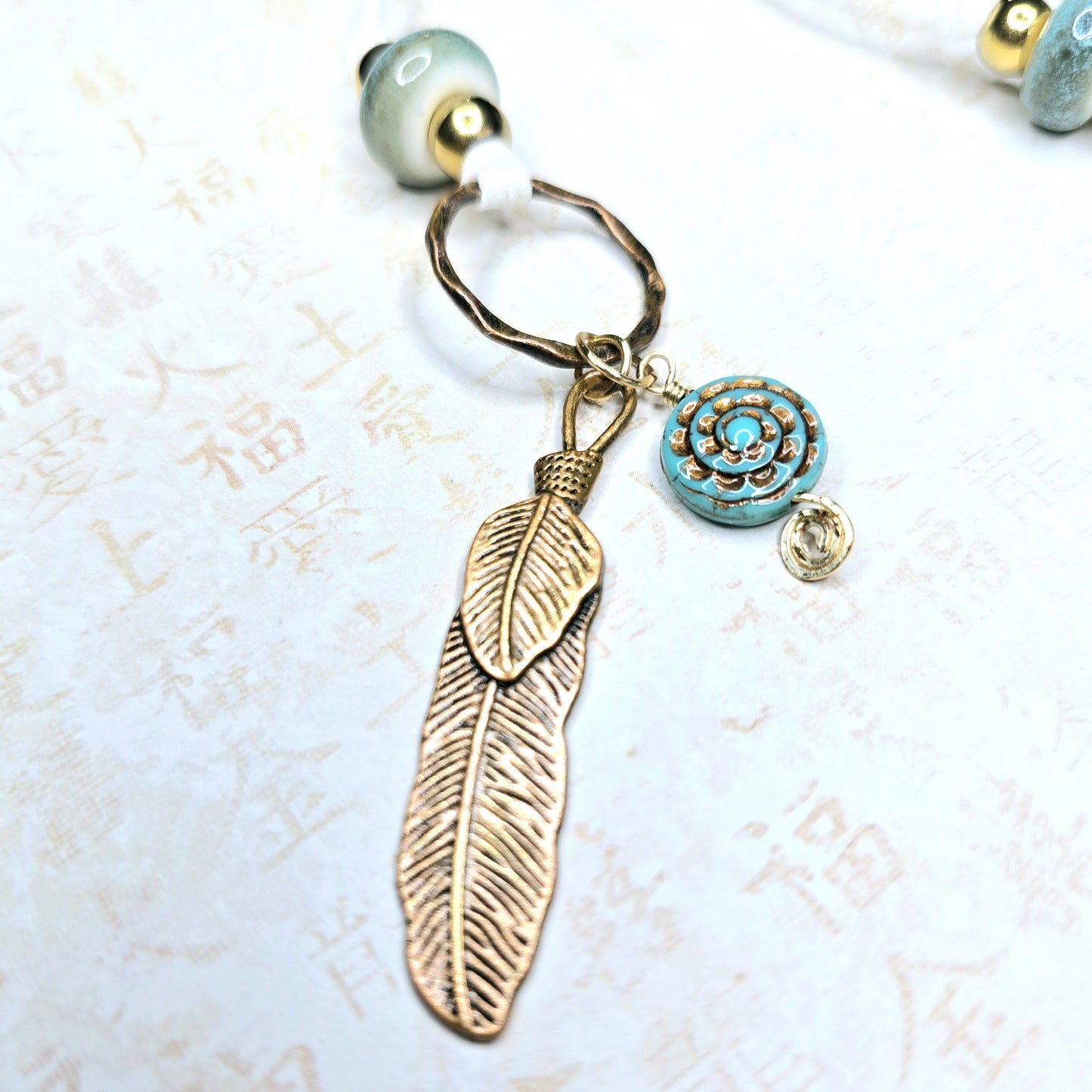 Boho Feather Lariat Necklace – Teal Porcelain Beads, Bronze Charms, Handmade on 50” Faux Suede Cord – Summer Boho Jewelry