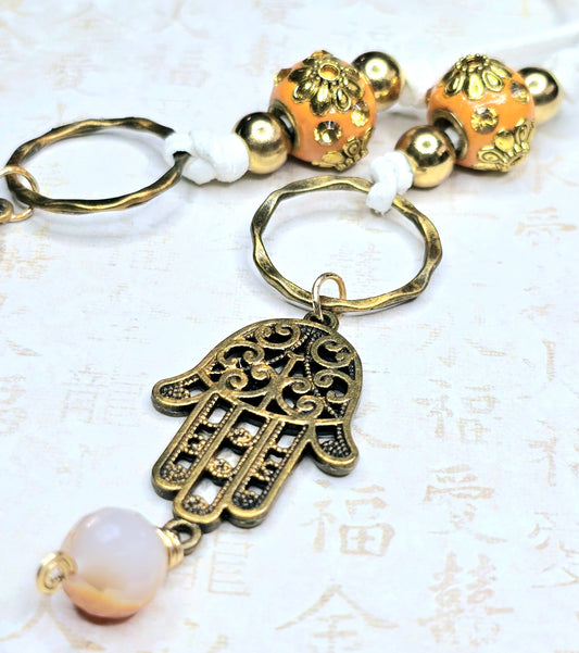 Boho Hamsa Lariat Necklace – Handmade Spiritual Jewelry with Bronze & Gold Beads on White Suede Cord – Protection Charm Necklace