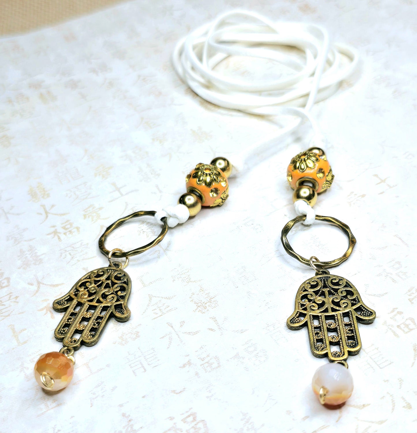 Boho Hamsa Lariat Necklace – Handmade Spiritual Jewelry with Bronze & Gold Beads on White Suede Cord – Protection Charm Necklace
