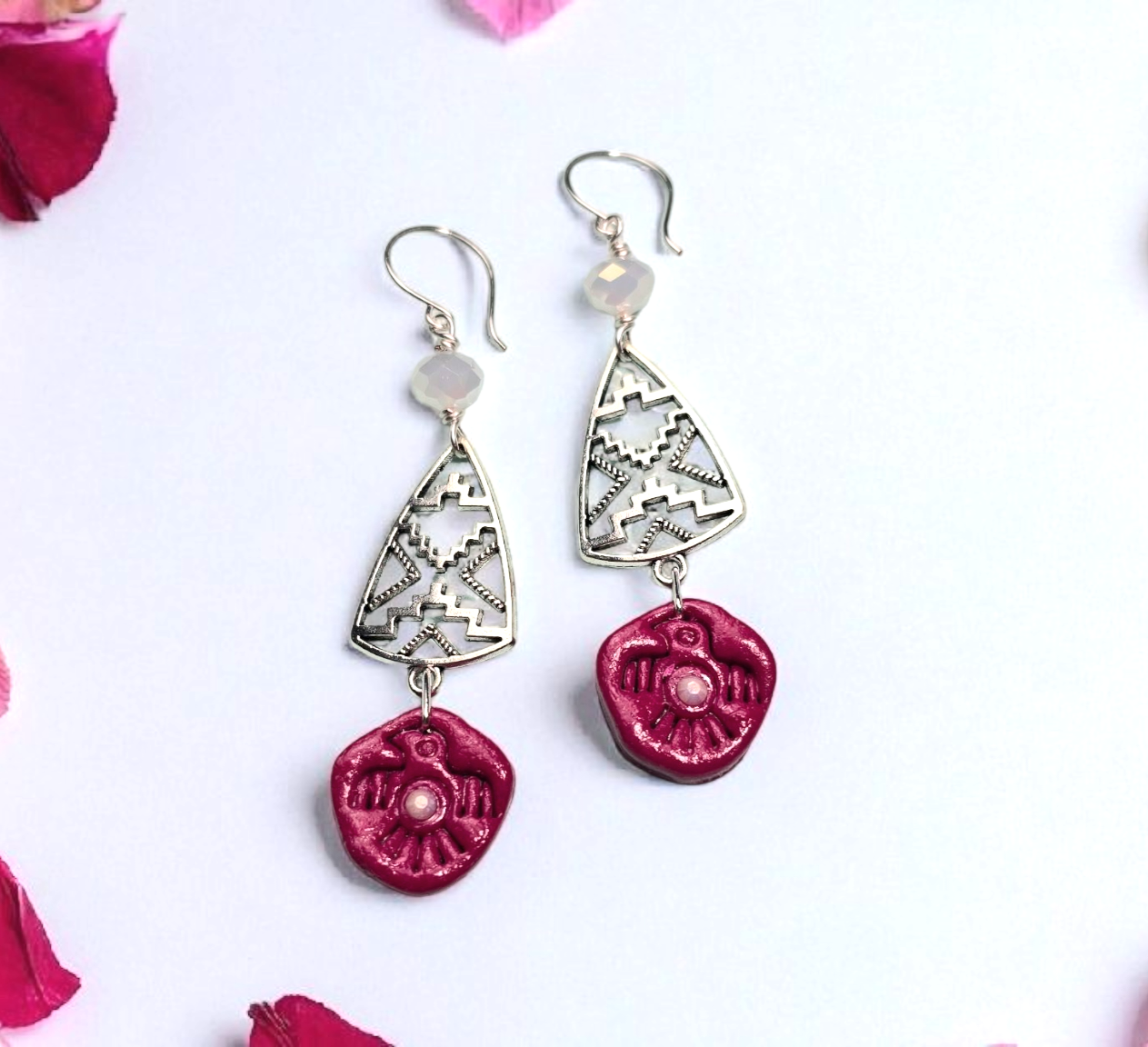 Tribal Eagle Spirit Earrings – Dark Pink/Red Polymer Clay Dangle Earrings with Silver Tribal Findings