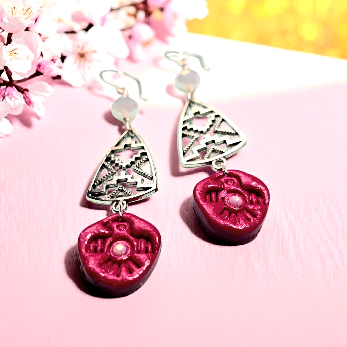 Tribal Eagle Spirit Earrings – Dark Pink/Red Polymer Clay Dangle Earrings with Silver Tribal Findings